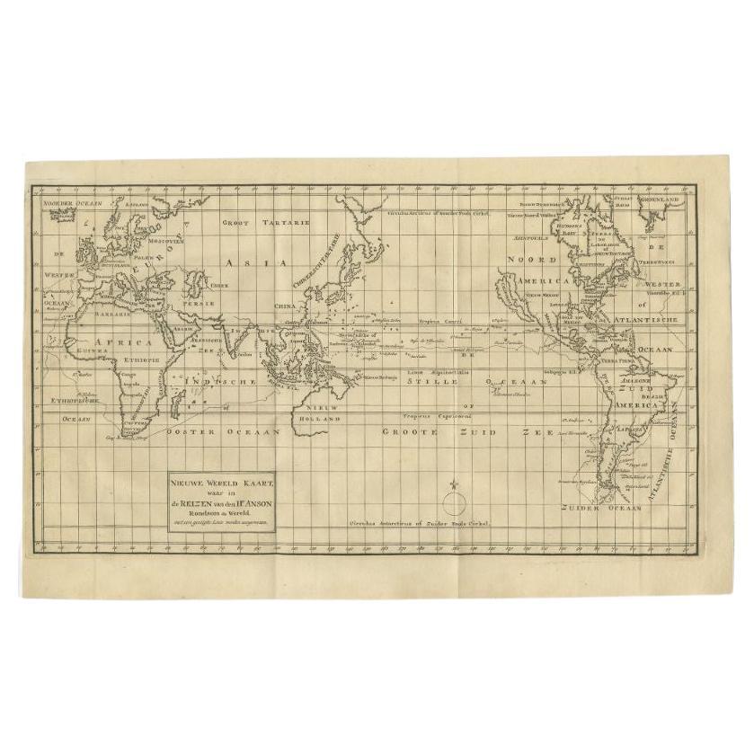 Antike Karte der Welt auf Mercator-Projektion von Anson, 1749