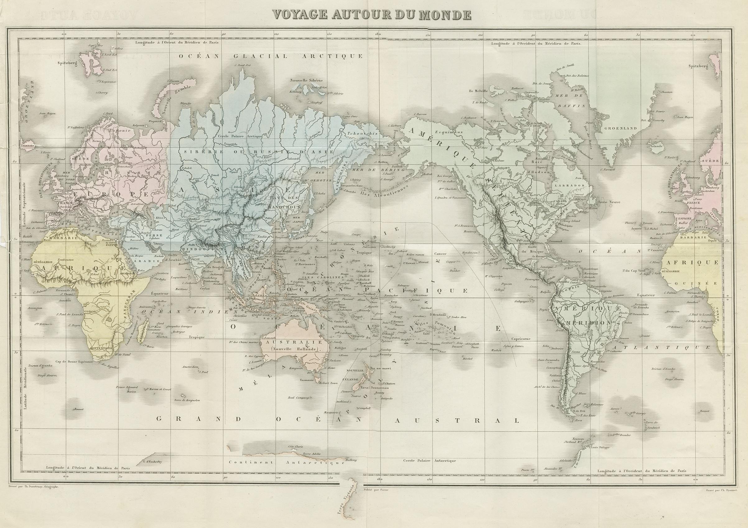 Antique map titled 'Voyage Autour du Monde'. Original map of the world. This map originates from volume 1 of 'Voyage Autour du Monde' by Comte-Amiral Dumont D'Urville.