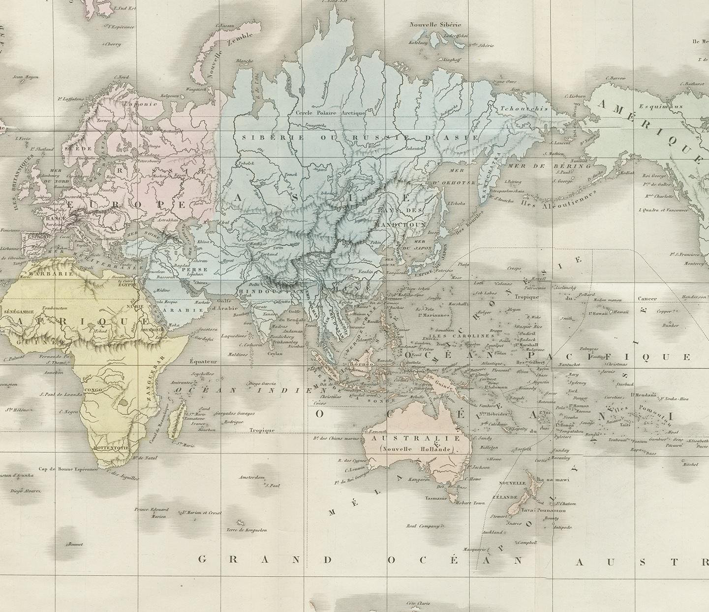 Carte ancienne du monde par D'Urville '1853' Bon état - En vente à Langweer, NL