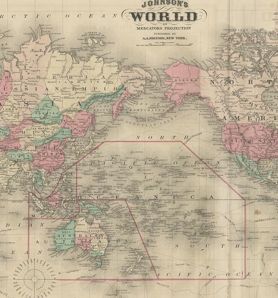 Carte ancienne du monde par Johnson, '1872' État moyen - En vente à Langweer, NL