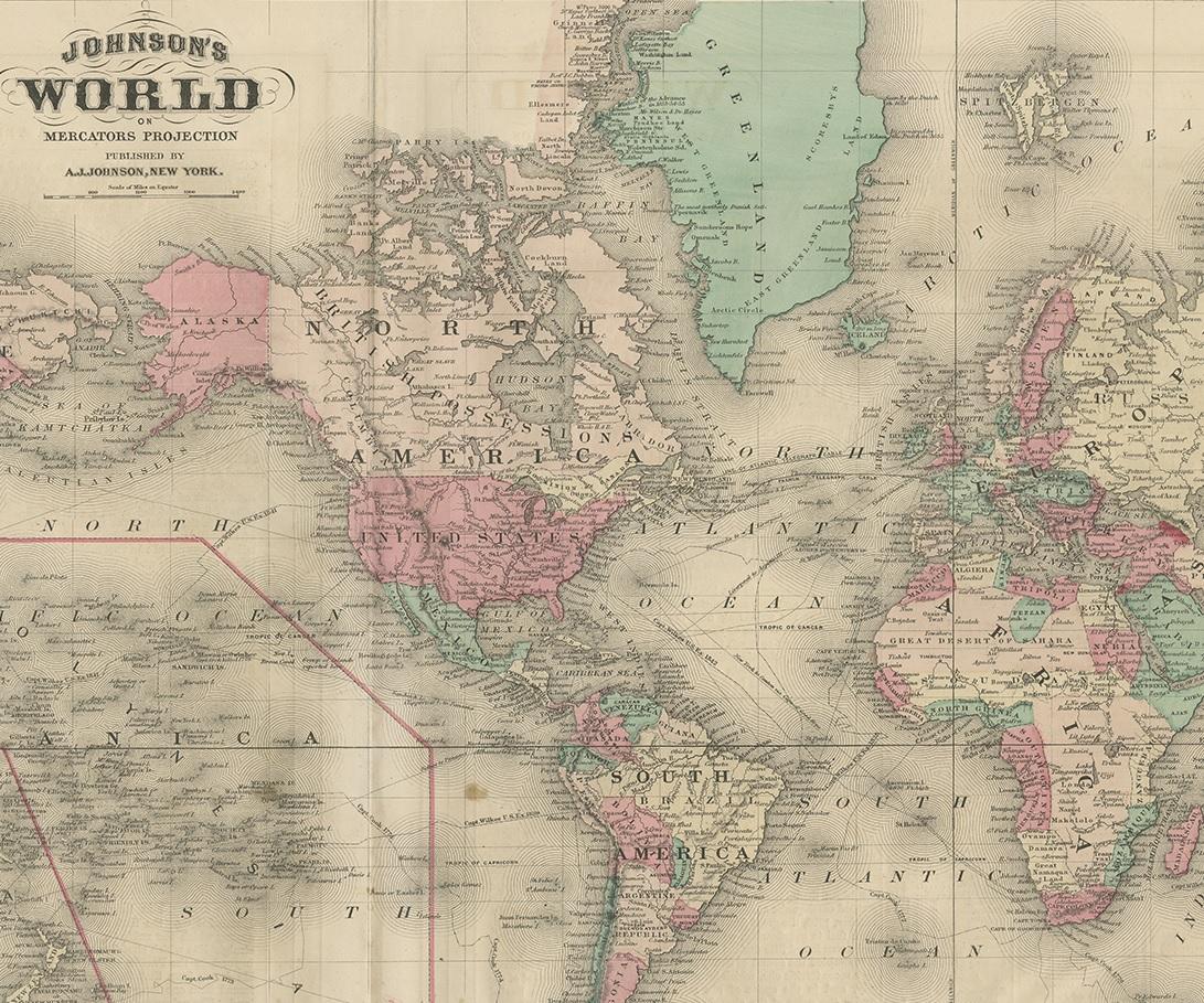 XIXe siècle Carte ancienne du monde par Johnson, '1872' en vente
