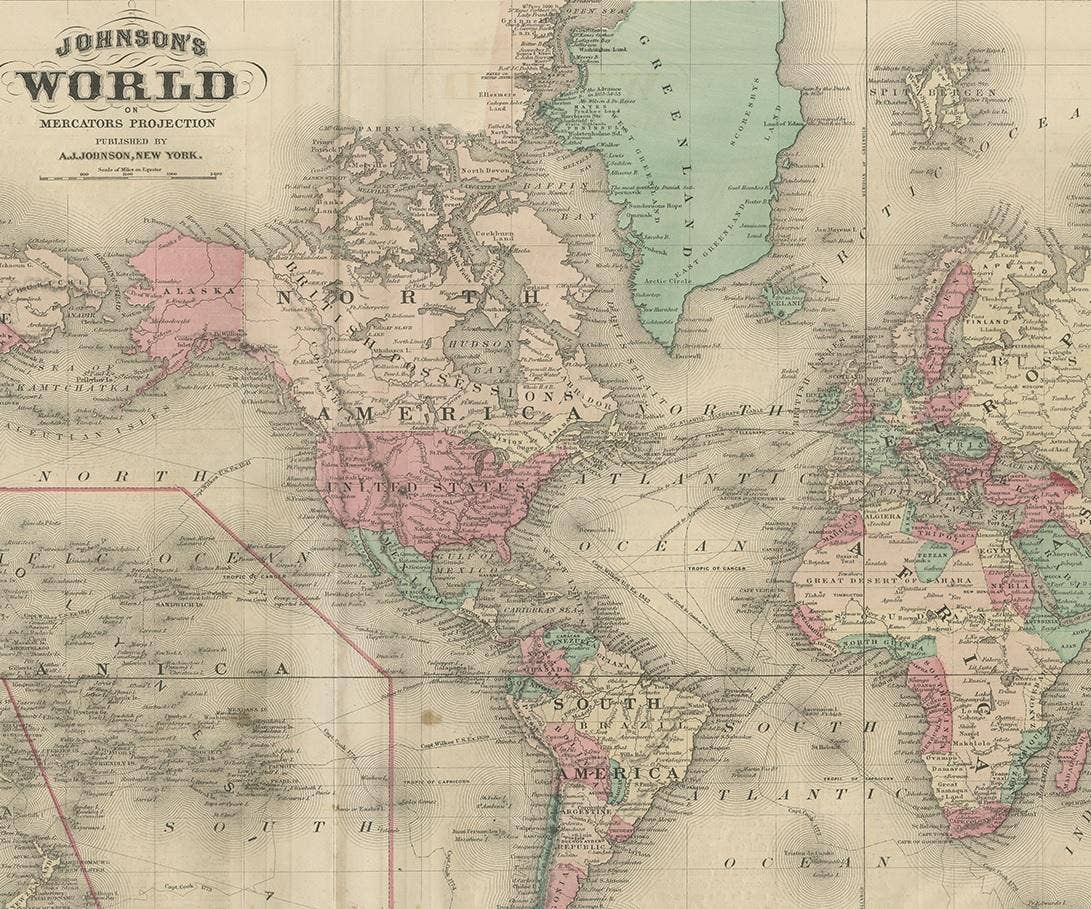 Antique Map of the World by Johnson, '1872'