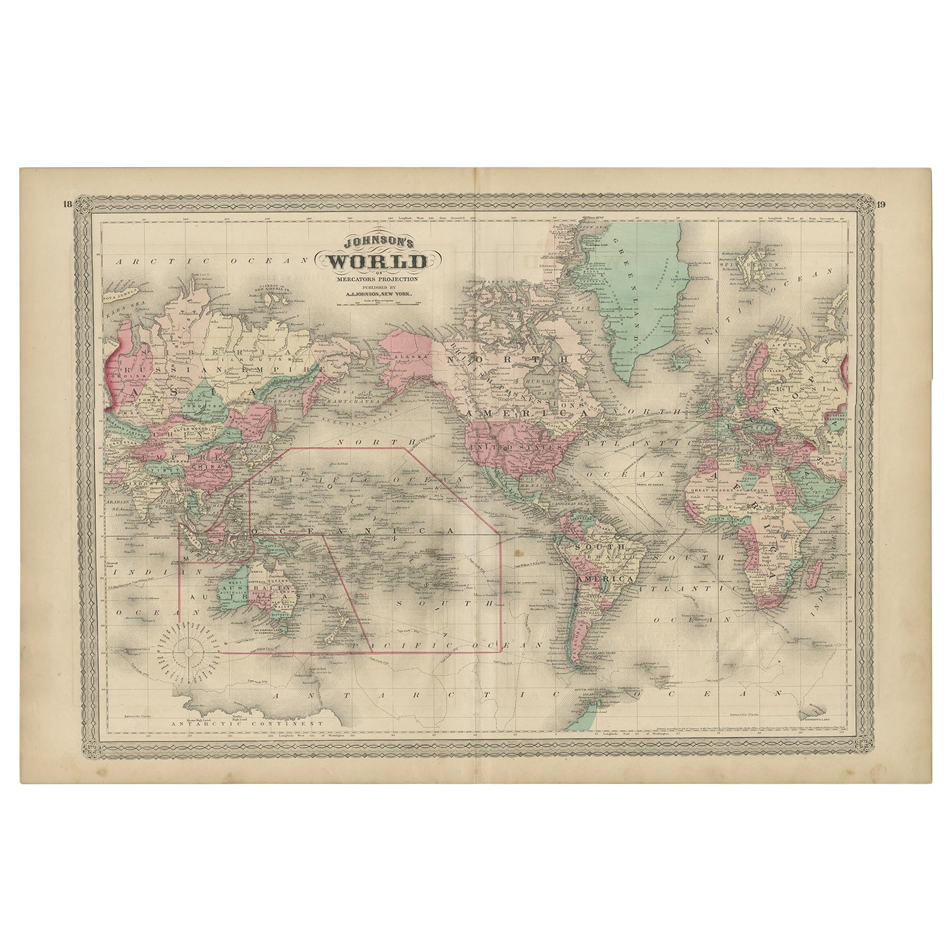 Antique Map of the World by Johnson, '1872'