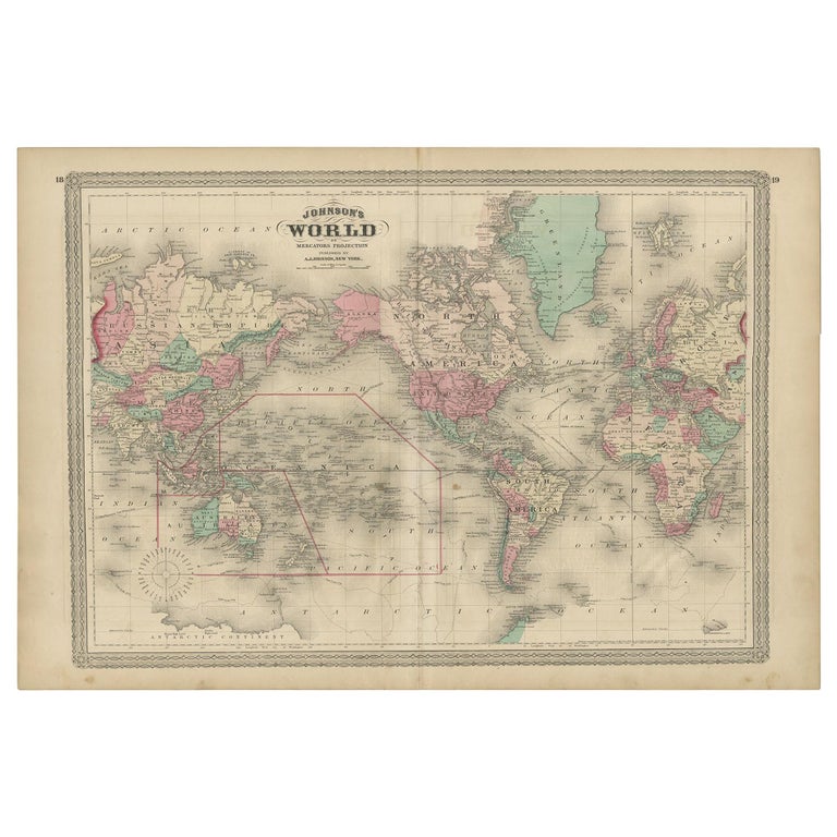 Antique Map of the World by Johnson, '1872' For Sale at 1stDibs