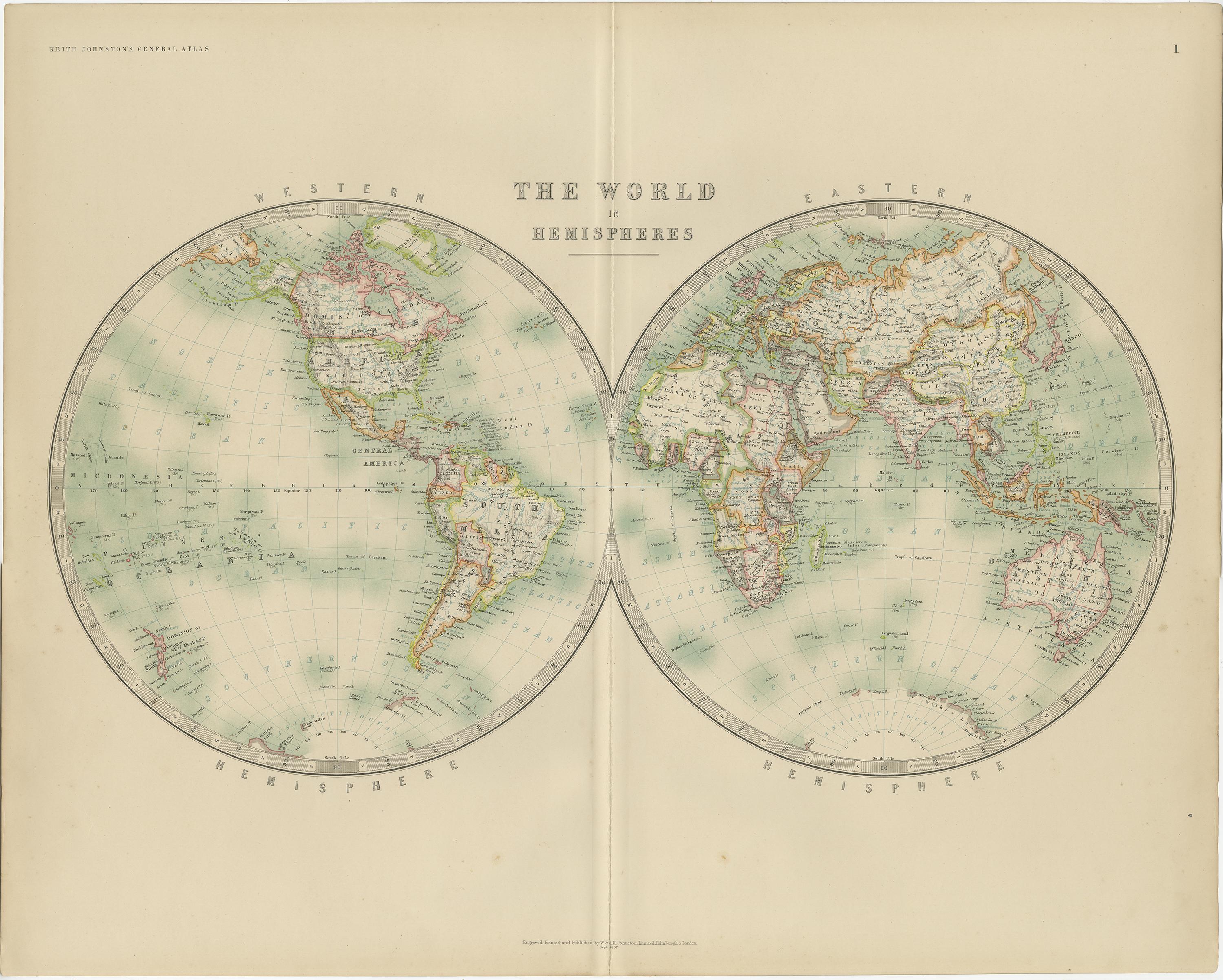 Antique map titled 'The World in Hemispheres'. Original antique world map. This map originates from the ‘Royal Atlas of Modern Geography’. Published by W. & A.K. Johnston, 1909.
