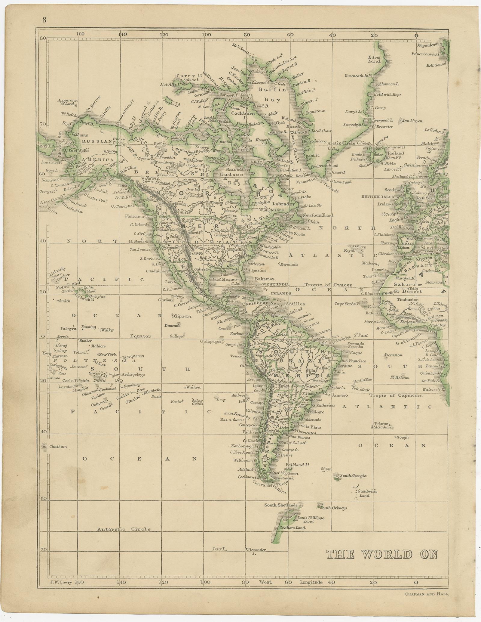 Antique map titled 'The World on Mercator's Projection'. Two individual sheets of the world. This map originates from 'Lowry's table Atlas constructed and engraved from the most recent authorities' by J.W. Lowry. Published 1852.