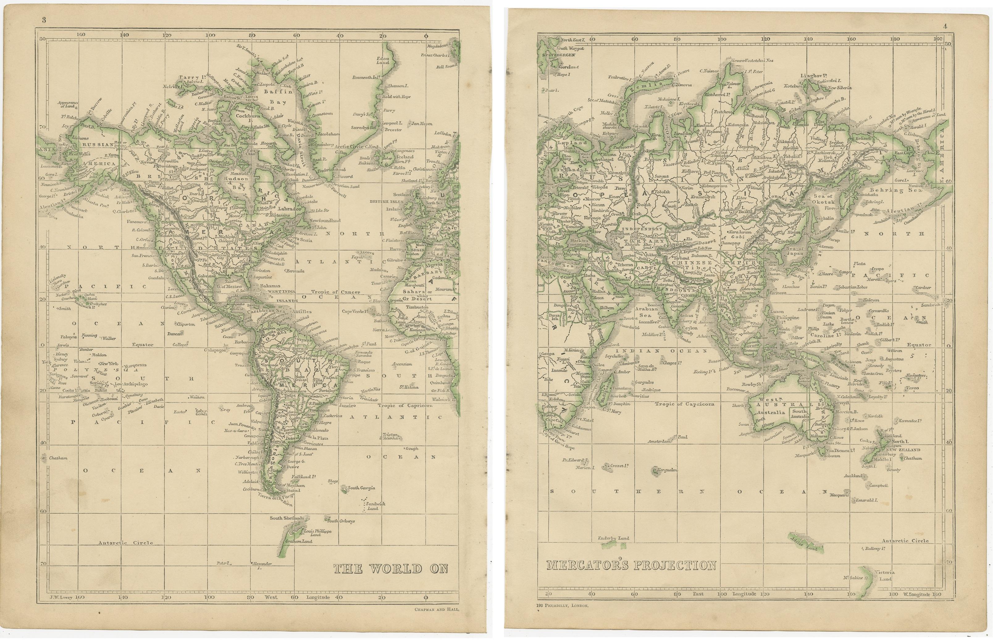 19th Century Antique Map of the World in two sheets, 1852 For Sale