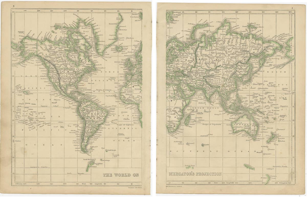 Antique Map of the World in two sheets, 1852