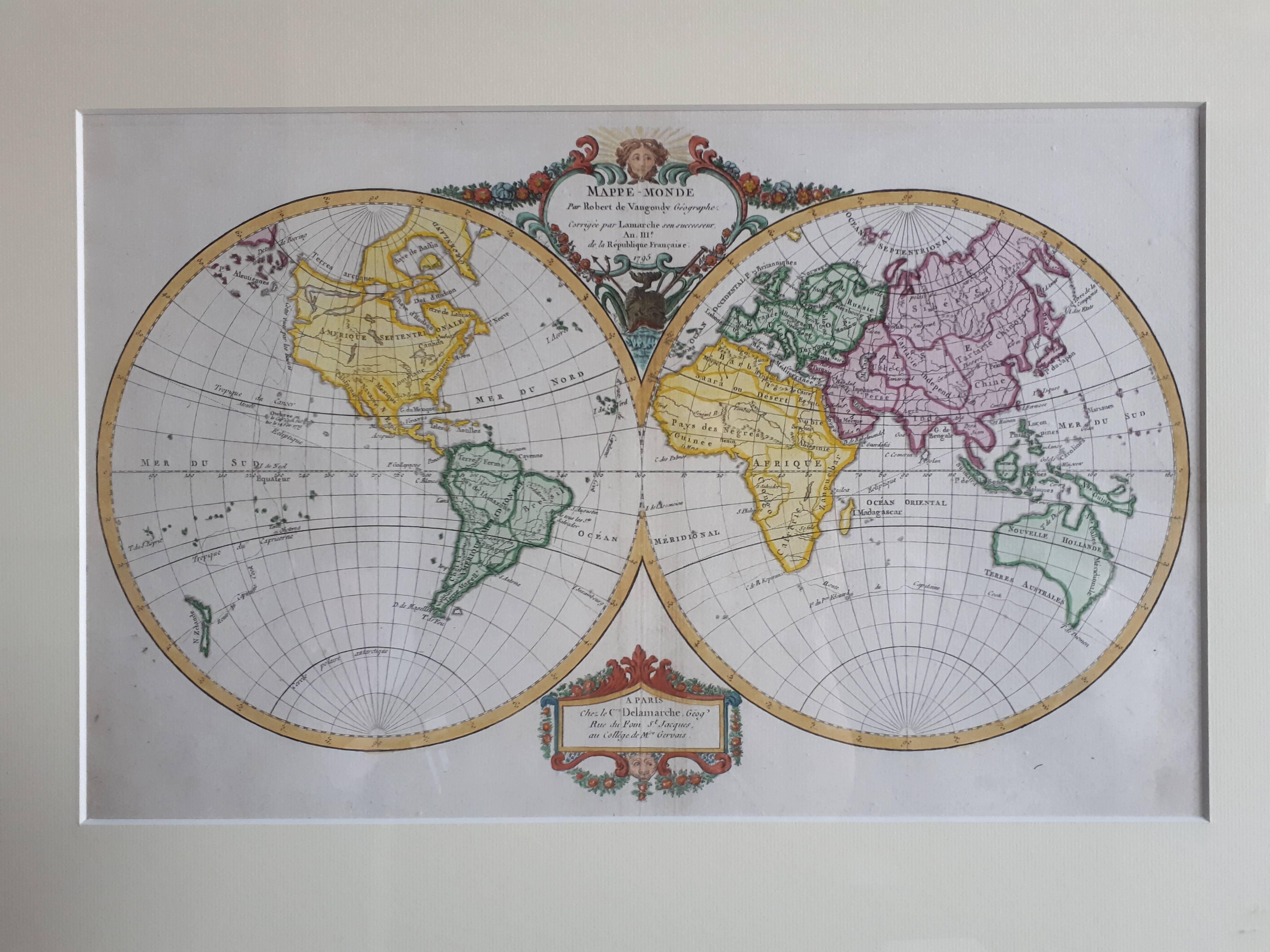 Attractive world map by Vaugondy but corrected and issued by Lamarche in year 3 of the French Revolution. Decorative cartouches.