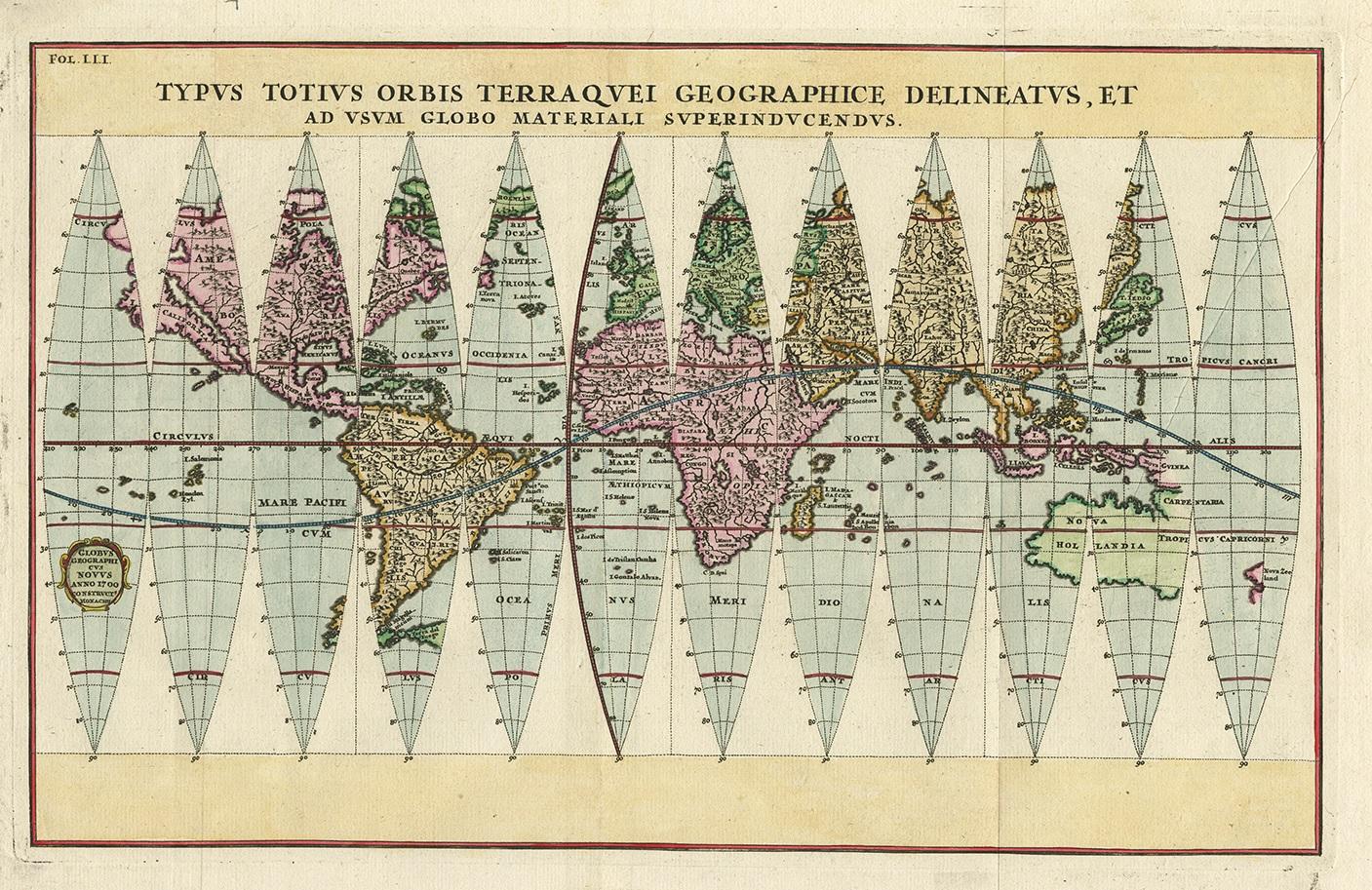Antique map titled 'Typus Totius Orbis Terraquei Geographice Delineatus, Et Ad Usum Globo Materiali Superinducendus'. Beautiful example of Scherer's map of the World, configured in 12 globe gores. California is shown as an island. Fascinating