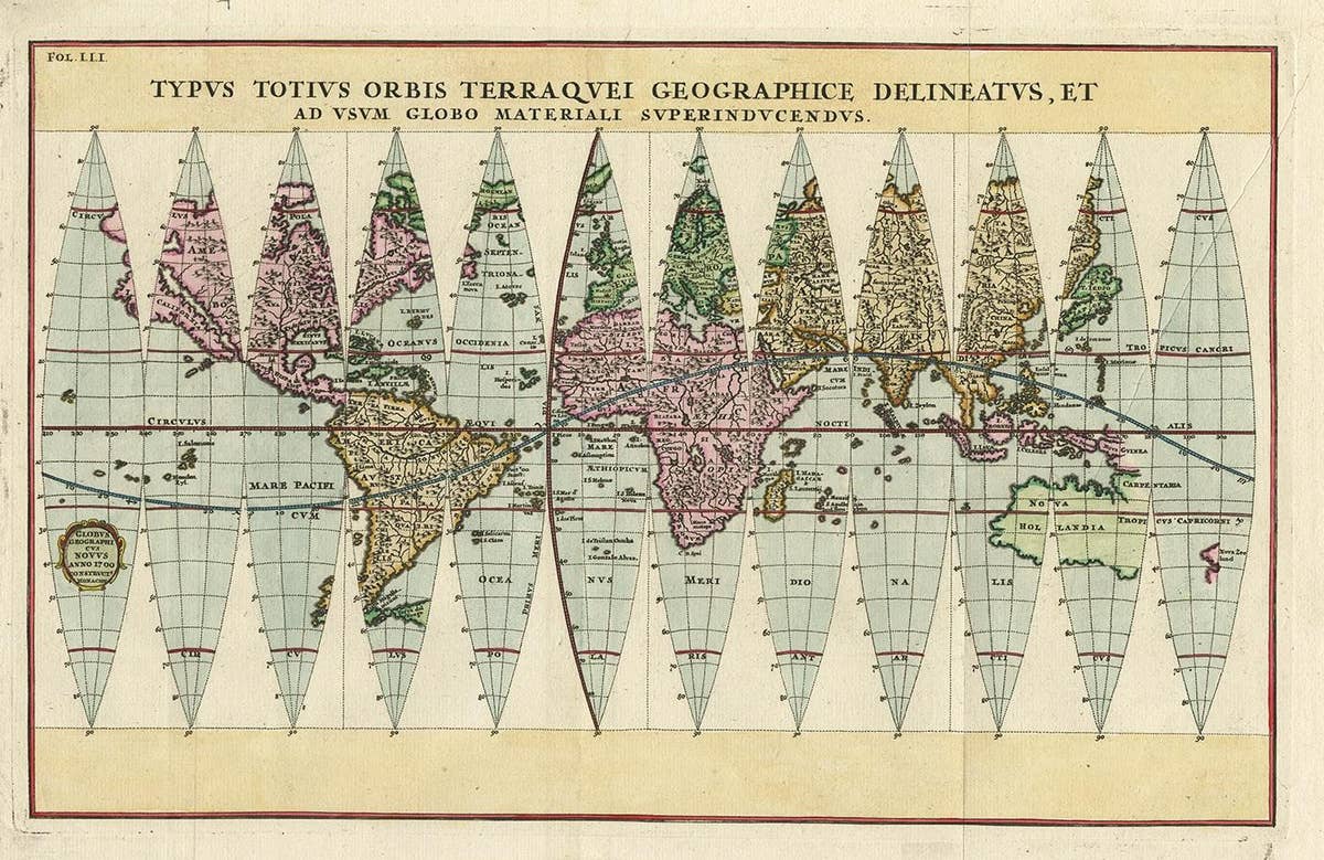 Antique Map of the World in 12 Globe Gores by Scherer, 'circa 1702'