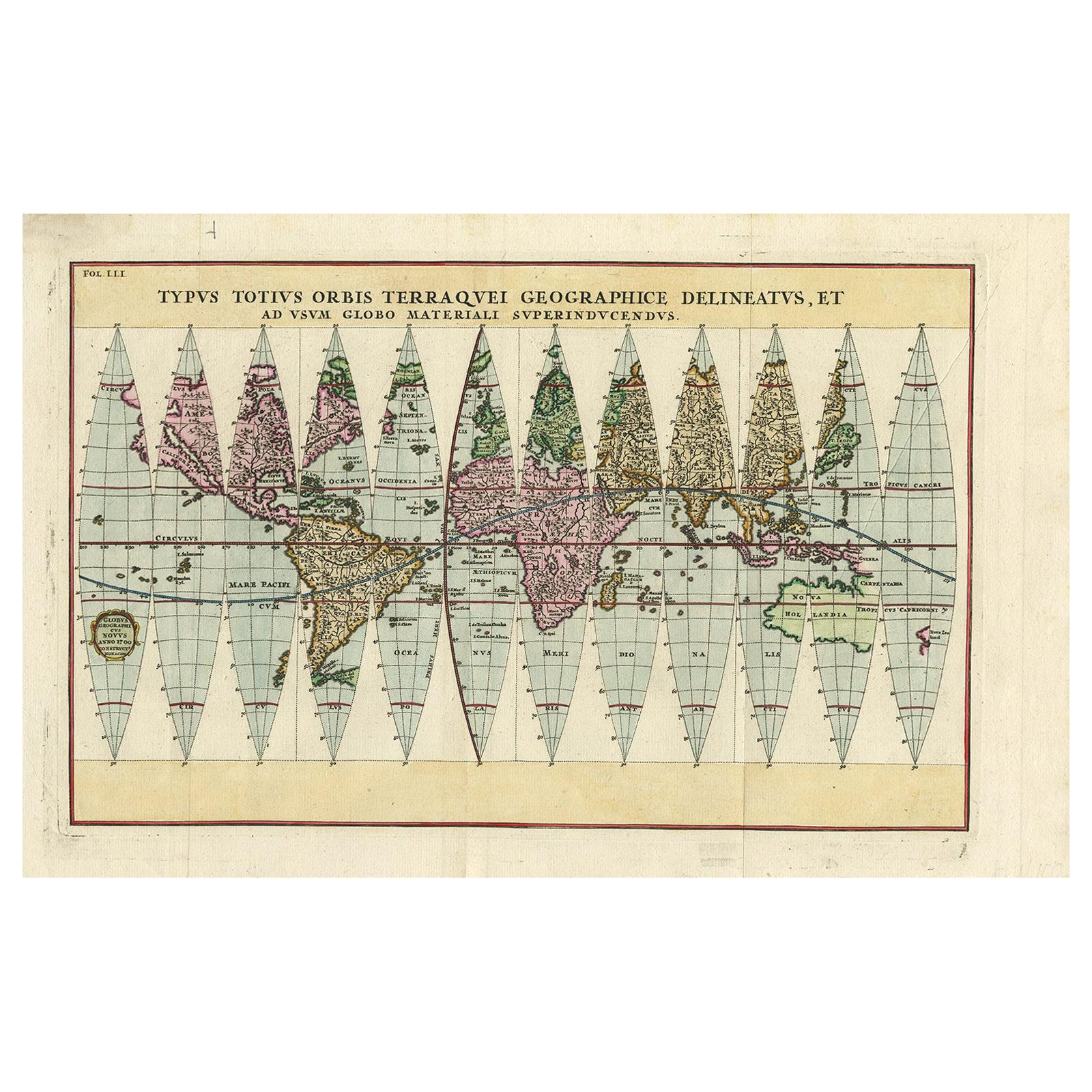 Antike Karte der Welt in 12 Globe Gores von Scherer, um 1702