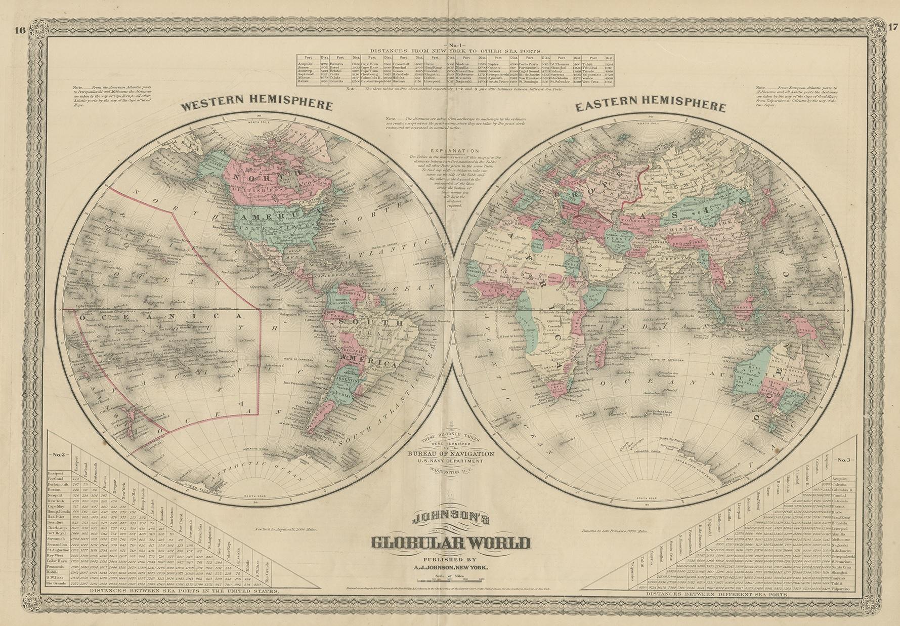 Antique map titled 'Johnson's Globular World. Original world map depicting the Eastern Hemisphere and the Western Hemisphere. This map originates from 'Johnson's New Illustrated Family Atlas of the World' by A.J. Johnson. Published 1872.