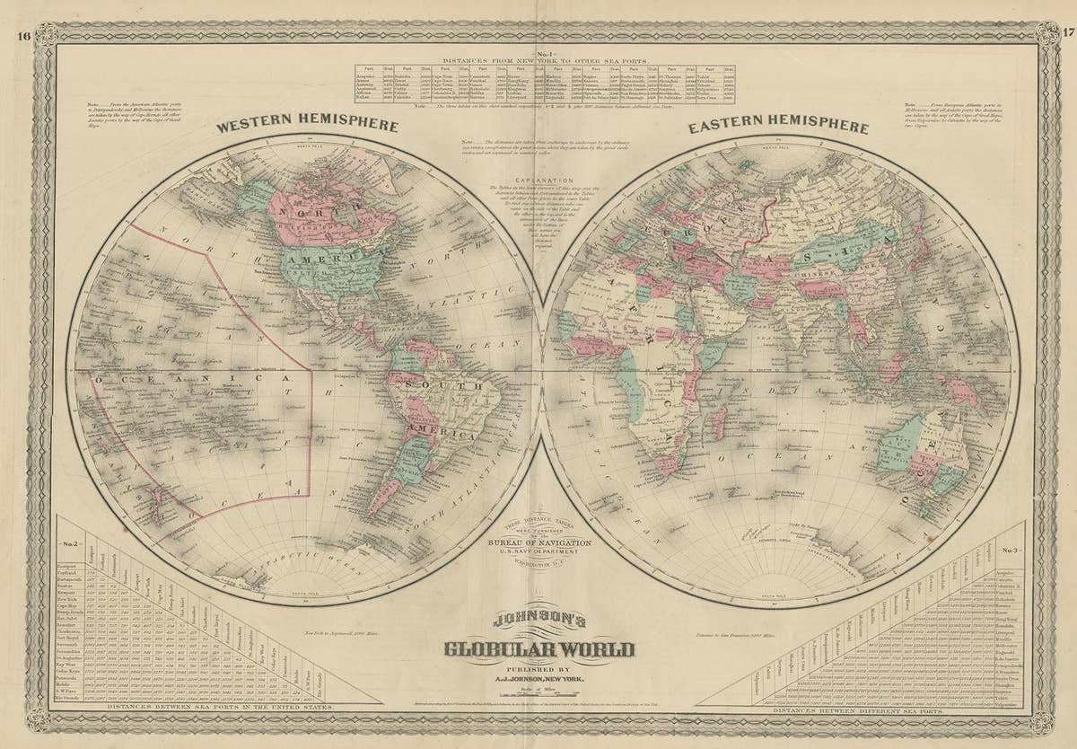 Antique Map of the World in Hemispheres by Johnson, '1872'