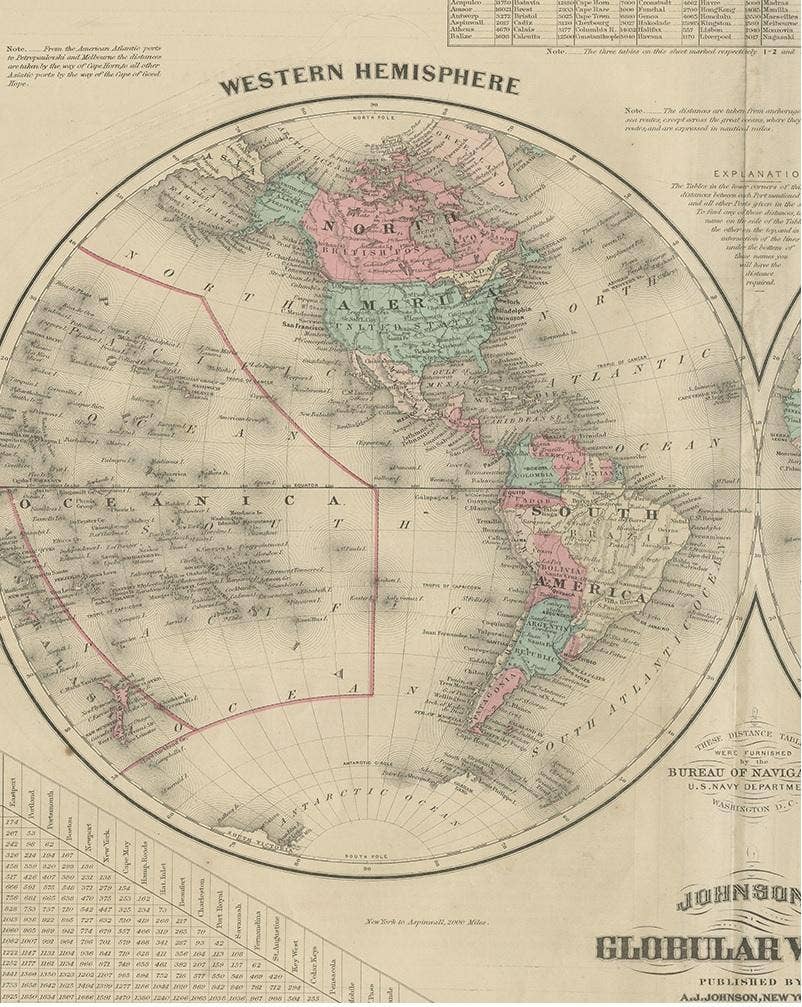 Antique Map of the World in Hemispheres by Johnson, '1872'