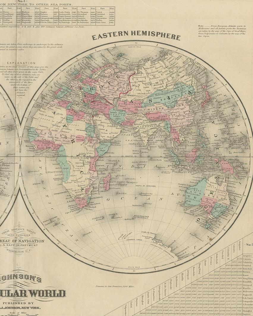 Antike Karte der Welt in Hemispheres von Johnson, 1880 (19. Jahrhundert) im Angebot