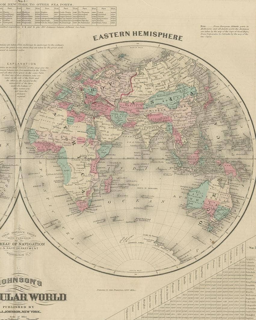 Antique Map of the World in Hemispheres by Johnson, '1872'