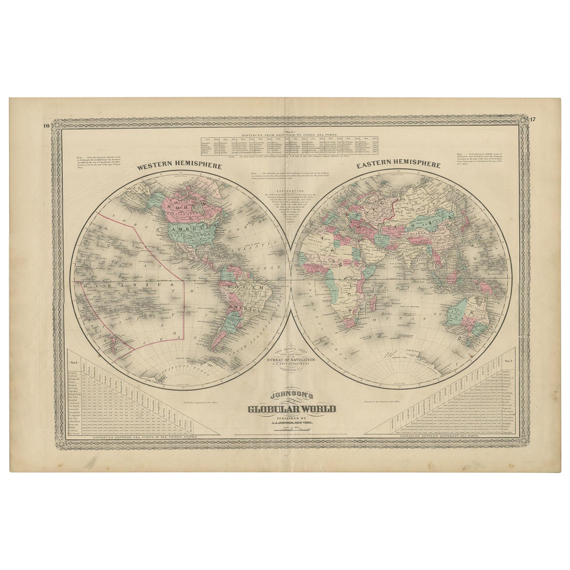 Antique Map of the World in Hemispheres by Johnson, '1872' For Sale