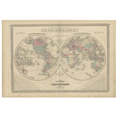 Carta geografica antica del mondo in emisferi di Johnson, 1872