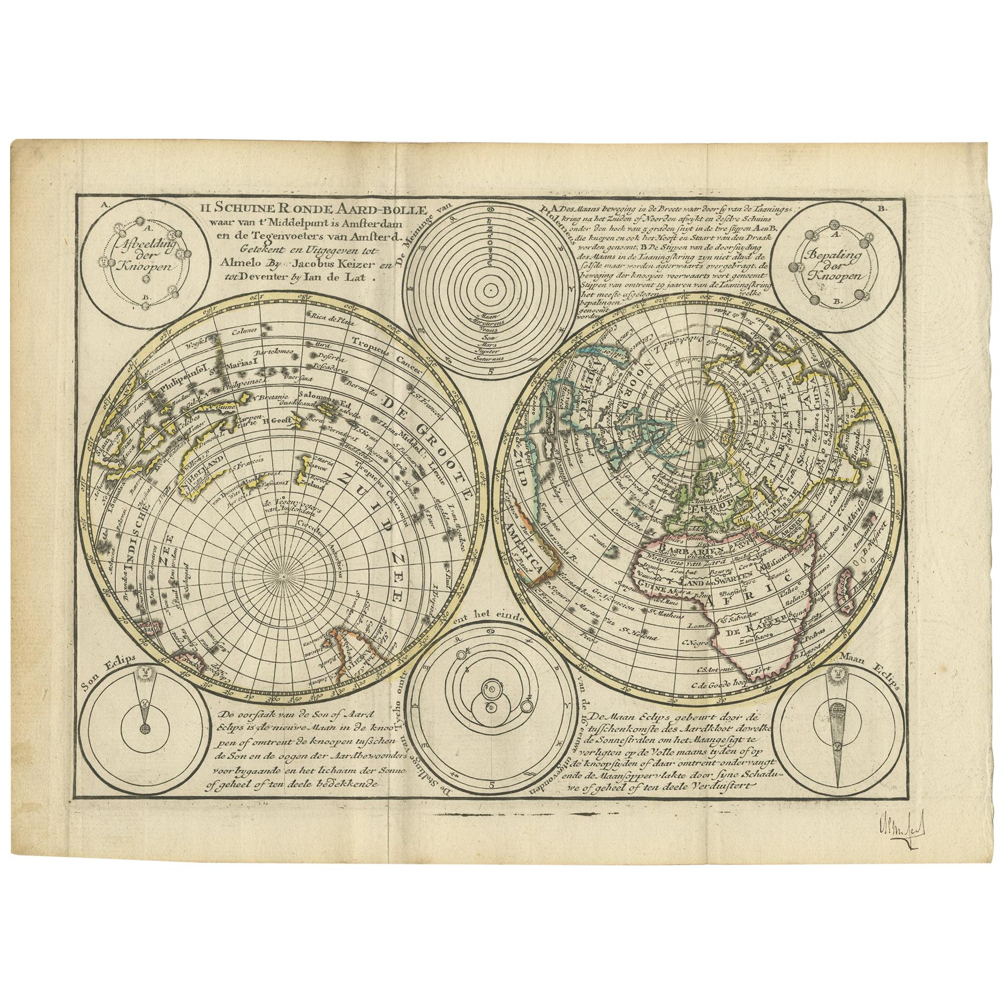 Carte ancienne du monde en hémisphères par Keizer & de Lat, 1788