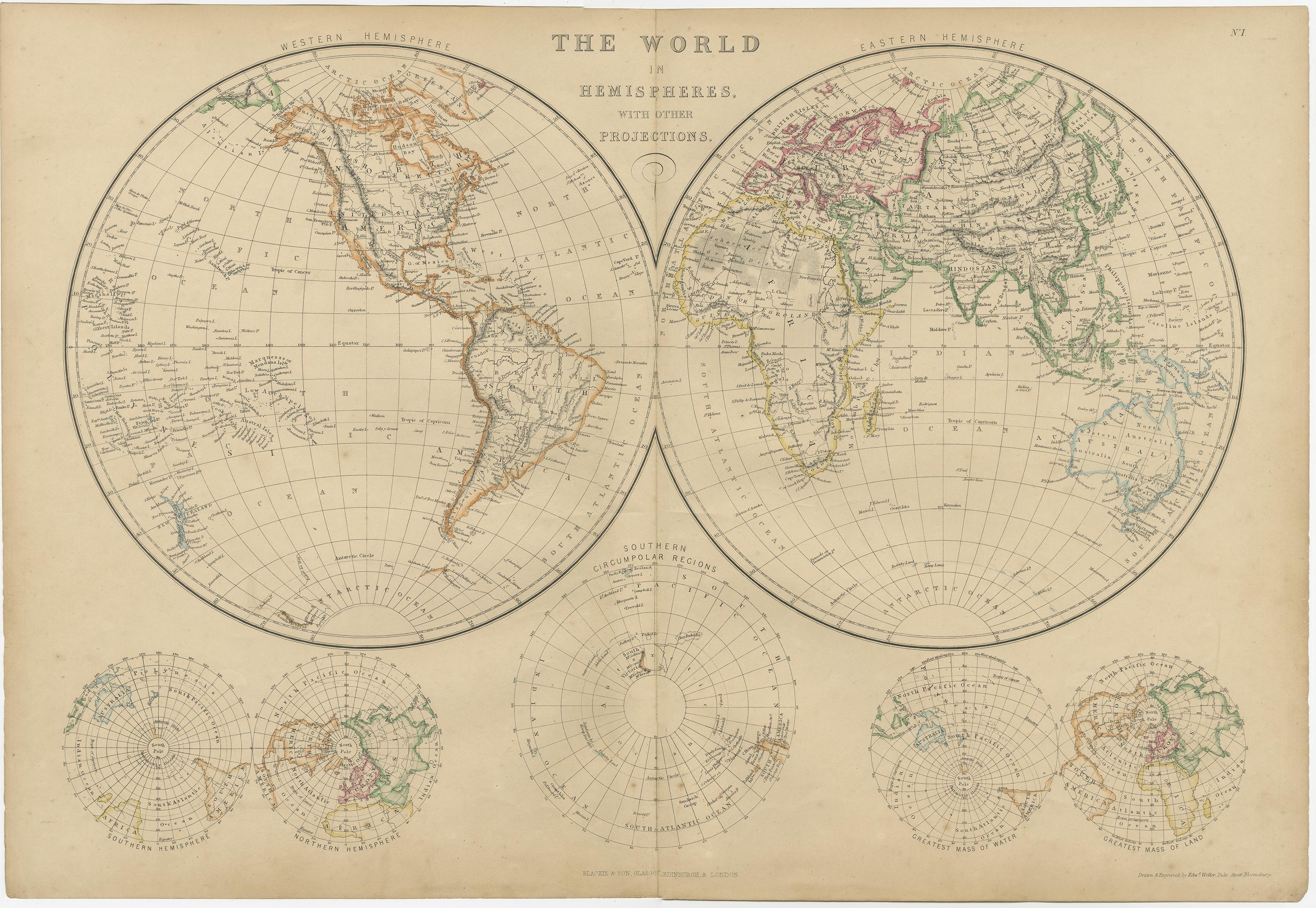 Antique map titled 'The World in Hemispheres with other projections'. Original antique map of The World. This map originates from ‘The Imperial Atlas of Modern Geography’. Published by W. G. Blackie, 1859.