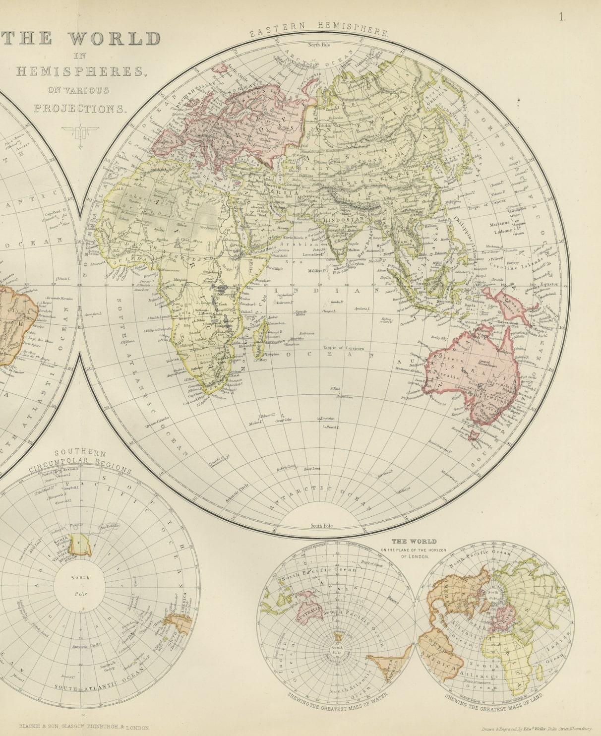 This stunning 1882 'Antique Map of The World in Hemispheres' showcases an exquisite blend of cartographic precision and artistic elegance. Crafted under the watchful eye of W.G. Blackie, it's a testament to the era's meticulous mapmaking.

The map's