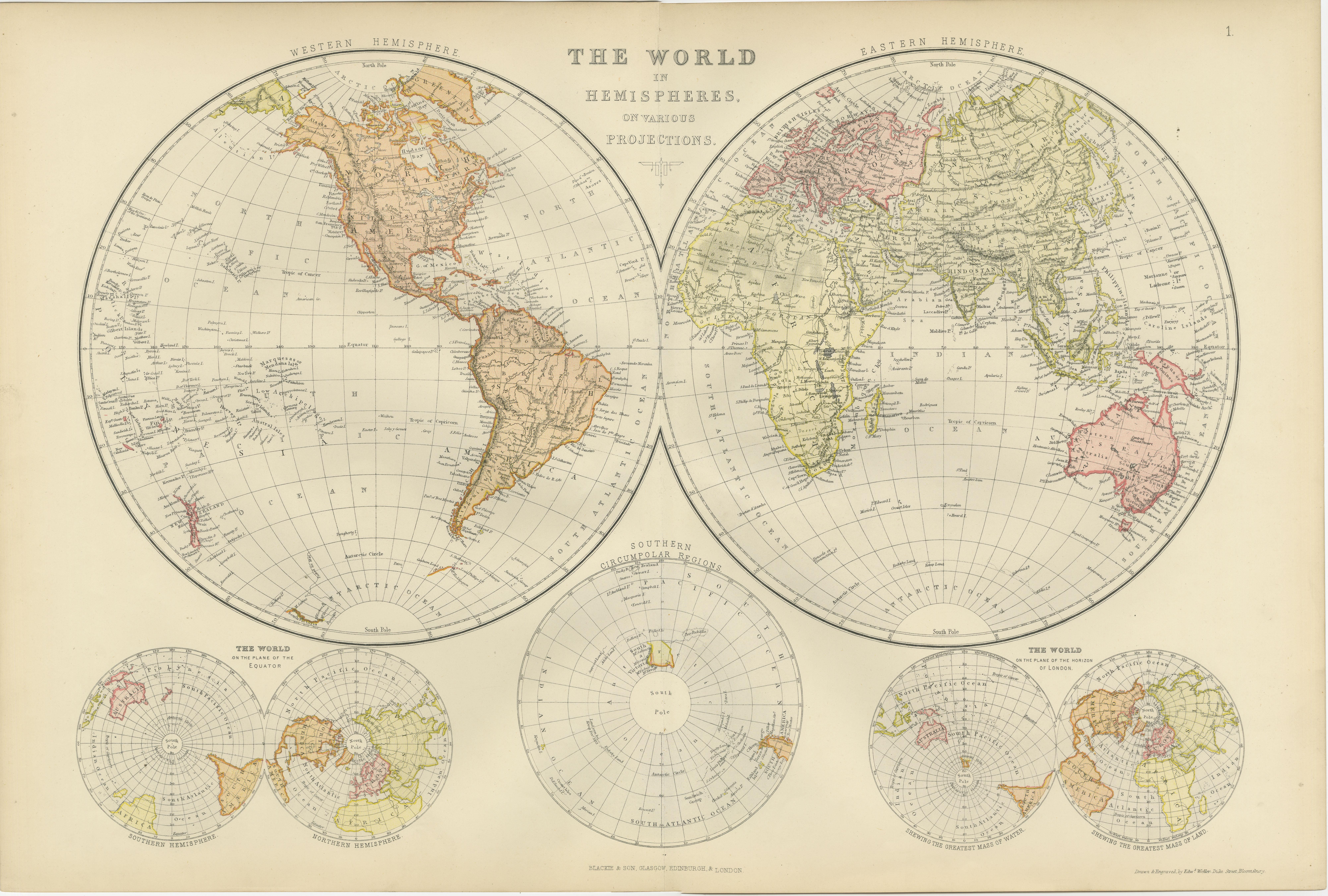 Fin du XIXe siècle Carte ancienne du monde en hémisphères sur diverses projections, 1882 en vente