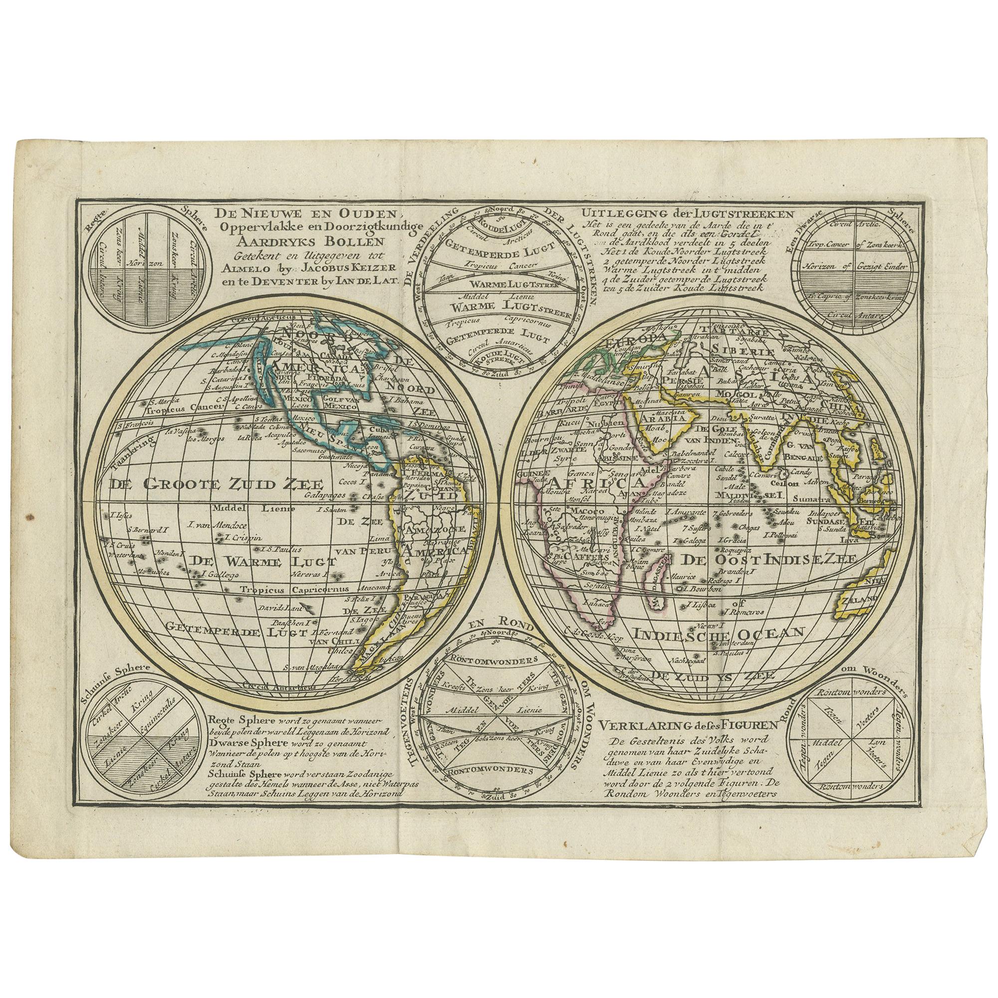 Interesting Antique Engraving of the World in Hemispheres with 6 Diagrams, 1788