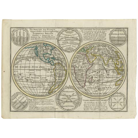 Interesting Antique Engraving of the World in Hemispheres with 6 Diagrams, 1788