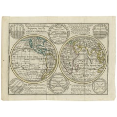 Interesting Antique Engraving of the World in Hemispheres with 6 Diagrams, 1788