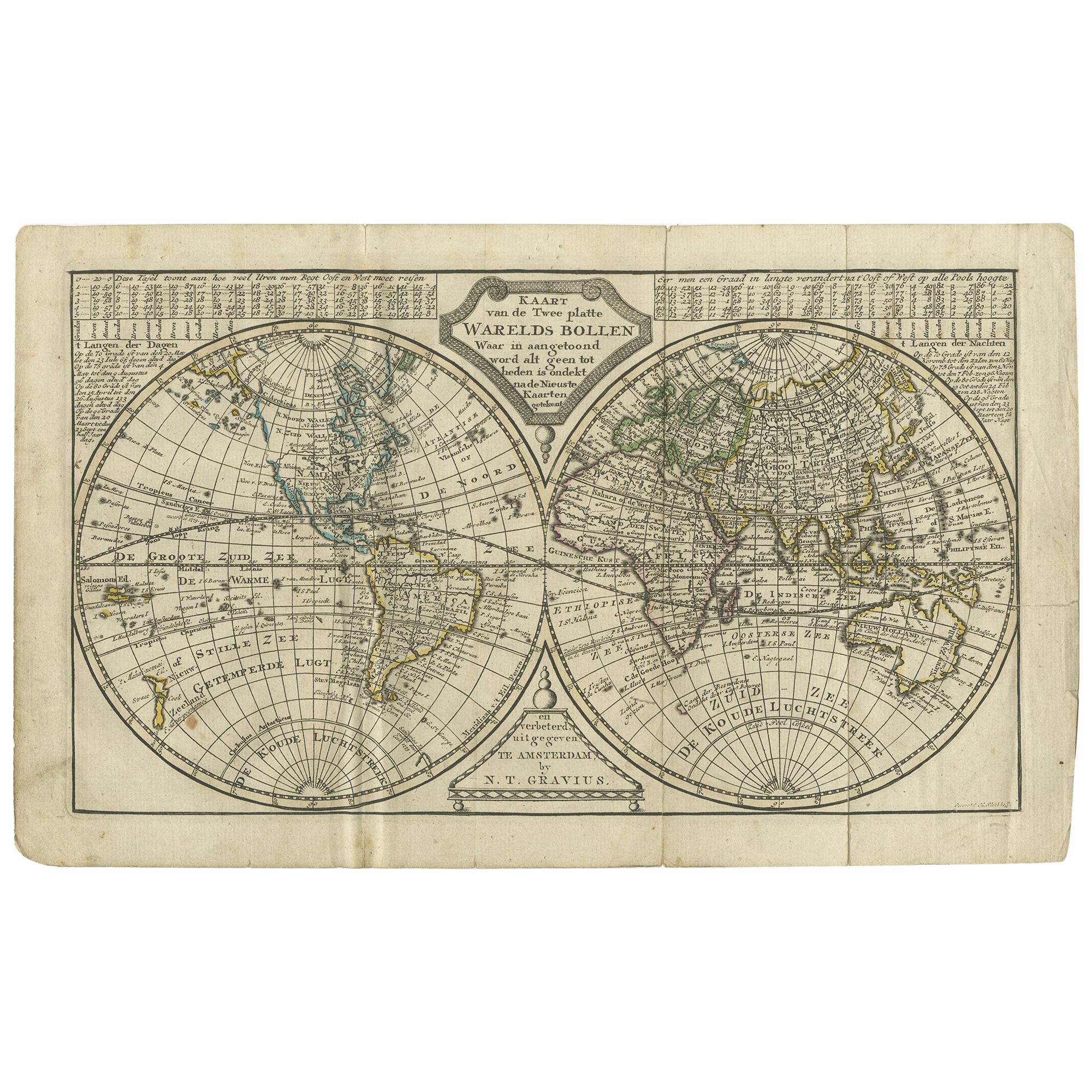 Carte ancienne du monde en deux hémisphères par Keizer & de Lat, 1788 en vente