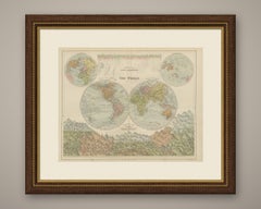 Antique Map of the World in Two Hemispheres, with Rivers and Mountains, 1870