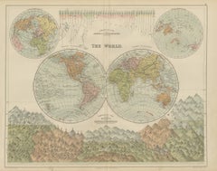 Antique Map of the World in Two Hemispheres, with Rivers and Mountains, 1870