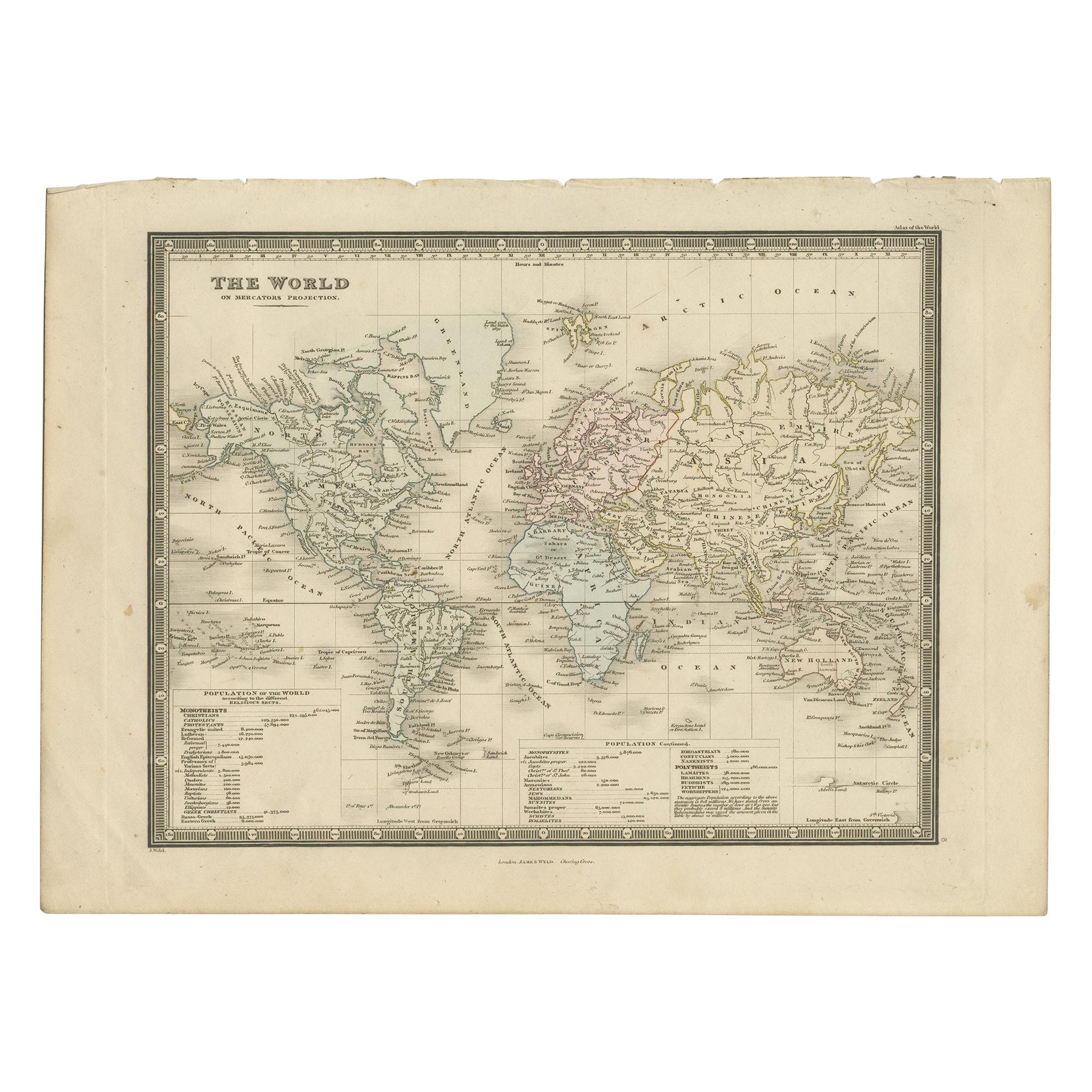 Antique Map of the World, Mercator Projection, by Wyld, '1845' For Sale