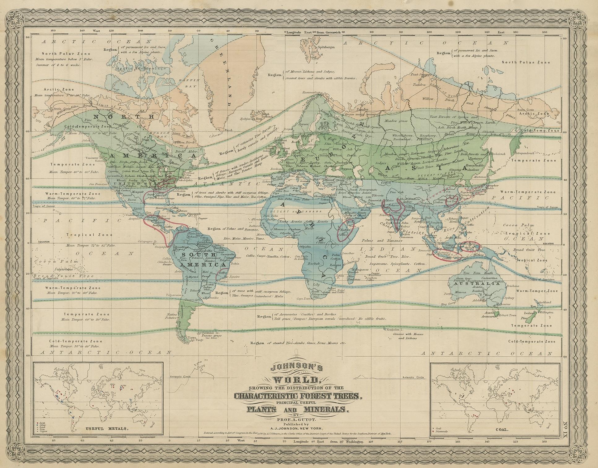 Antique map titled 'Johnson's World showing the distribution of the Characteristic Forest Trees (..)'. Original world map showing the distribution of plants and minerals over the globe. This map originates from 'Johnson's New Illustrated Family