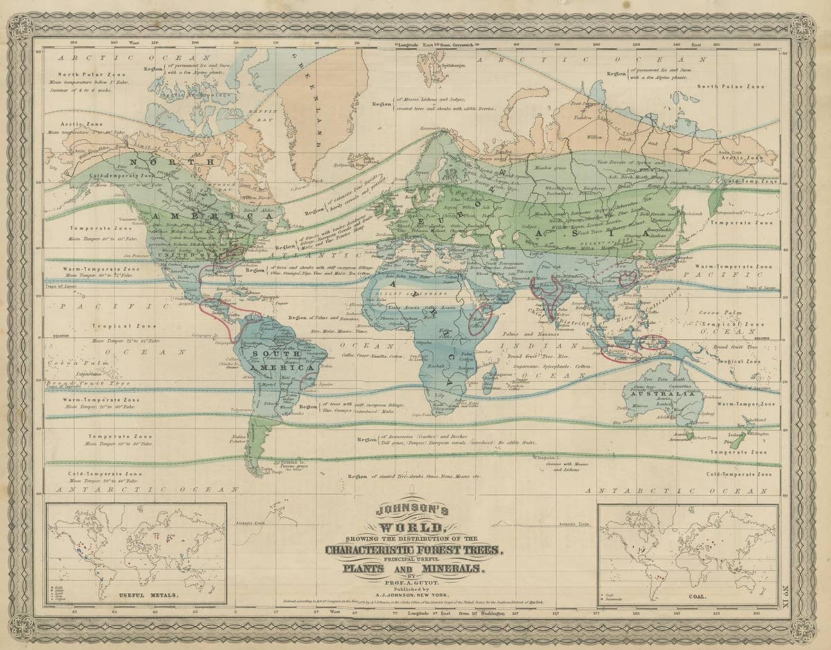 Antique Map of the World Showing the Distribution of Plants and Minerals, 1872