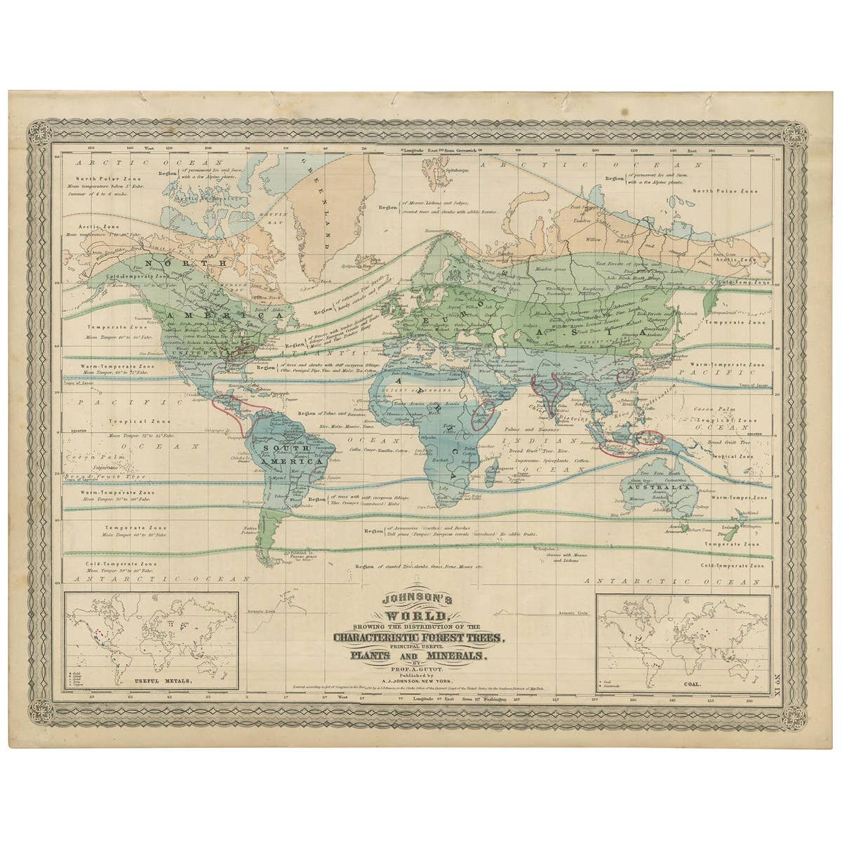 Antique Map of the World Showing the Distribution of Plants and Minerals, 1872