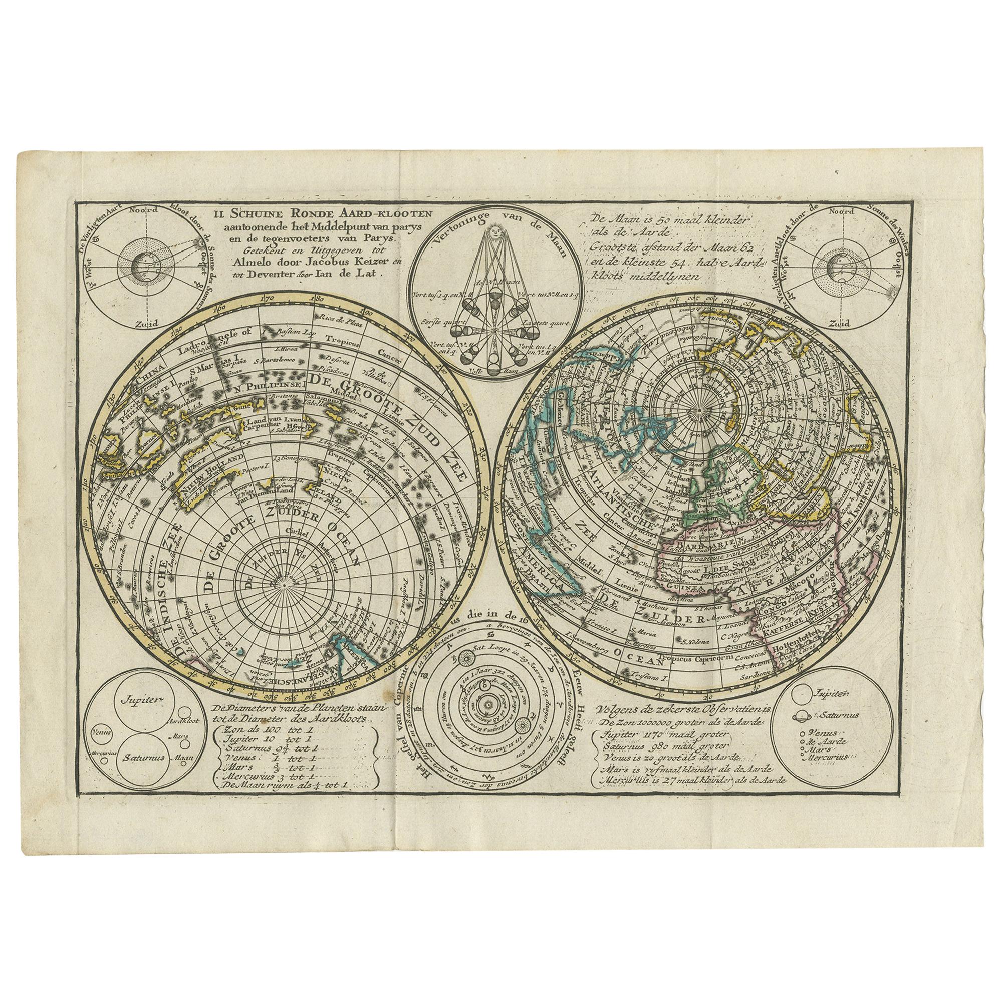 Carte ancienne du monde avec projections polaires de Keizer & de Lat, 1788