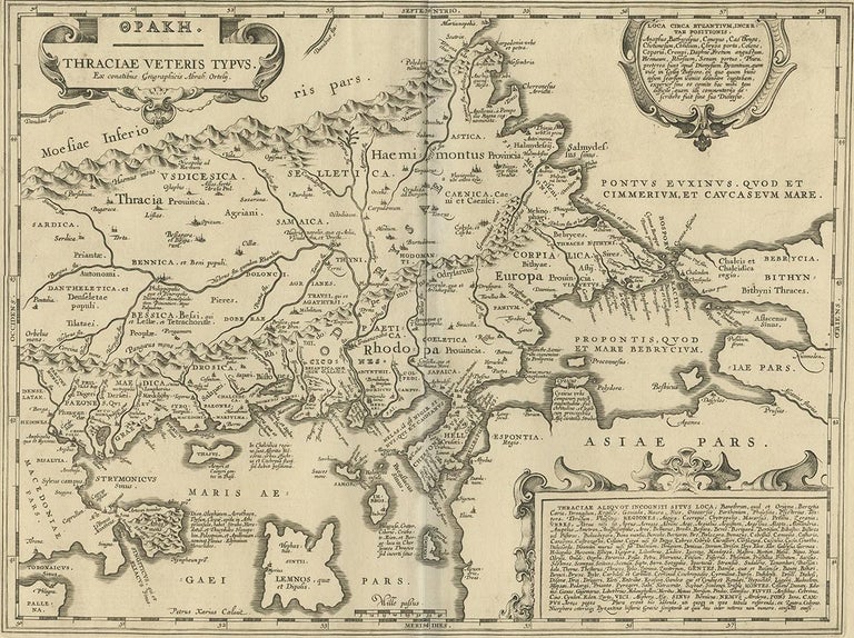 This antique map of Thracia is engraved and published by J. Janssonius after the cartographical sources by Abraham Ortelius. Ornated in the upper left corner with a title cartouche and dedication to Ortelius. Further on we find two extensive text