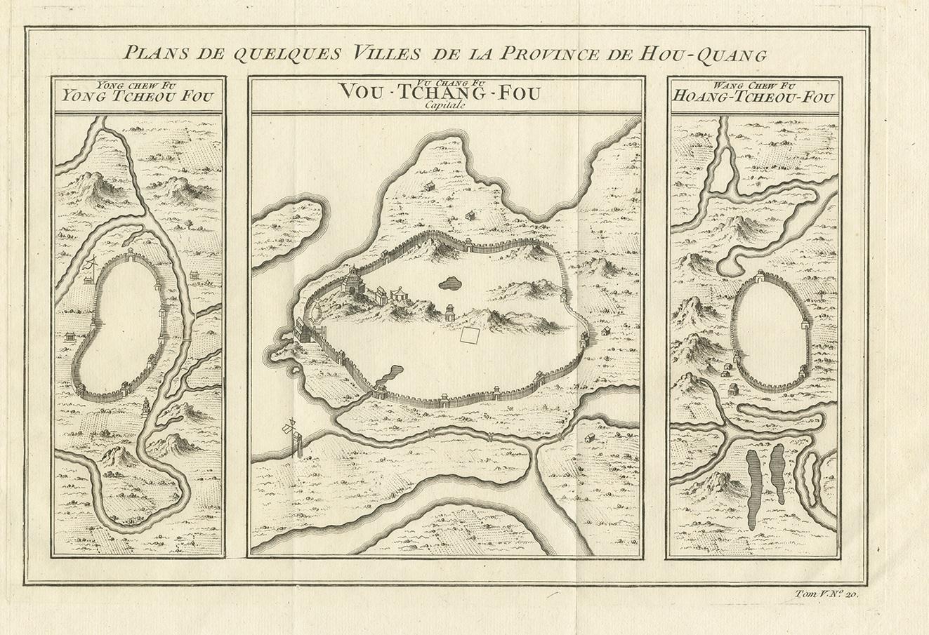Antique print titled 'Plans de Quelques villes de la province de Hou-Quang.' Three bird's-eye view plans of walled cities in what are now China's Hubei (Hou-Quang) and Hunan Provinces on a single plate from Prevost d'Exiles' influential collection