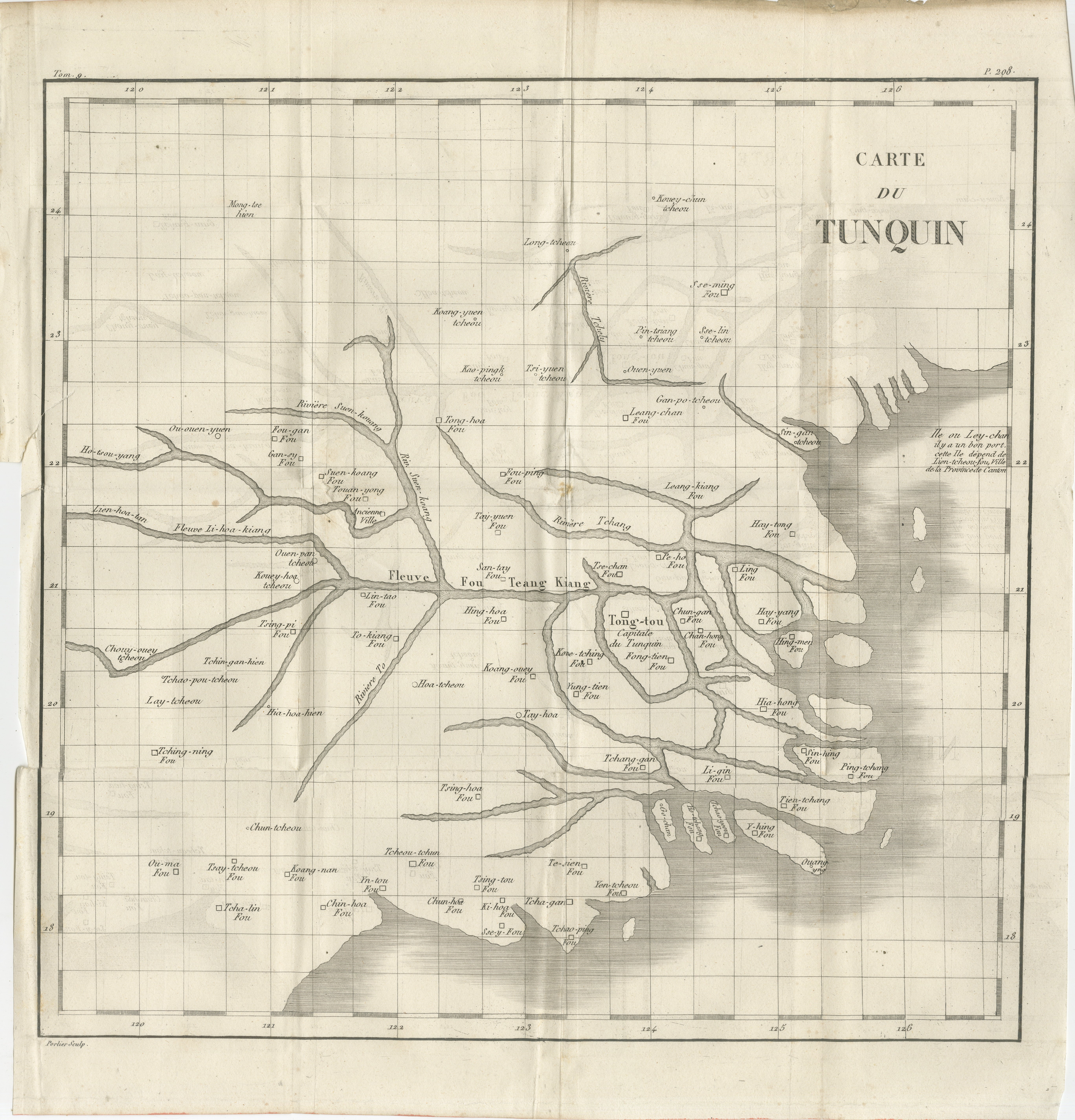Karte von Tonkin. Diese frühe Kupferstichkarte zeigt die historische Region Tonkin im Norden Vietnams mit dem Delta des Roten Flusses und der Hauptstadt, dem heutigen Hanoi (hier als Tong-Atou bezeichnet). Zahlreiche Flüsse, Nebenflüsse und