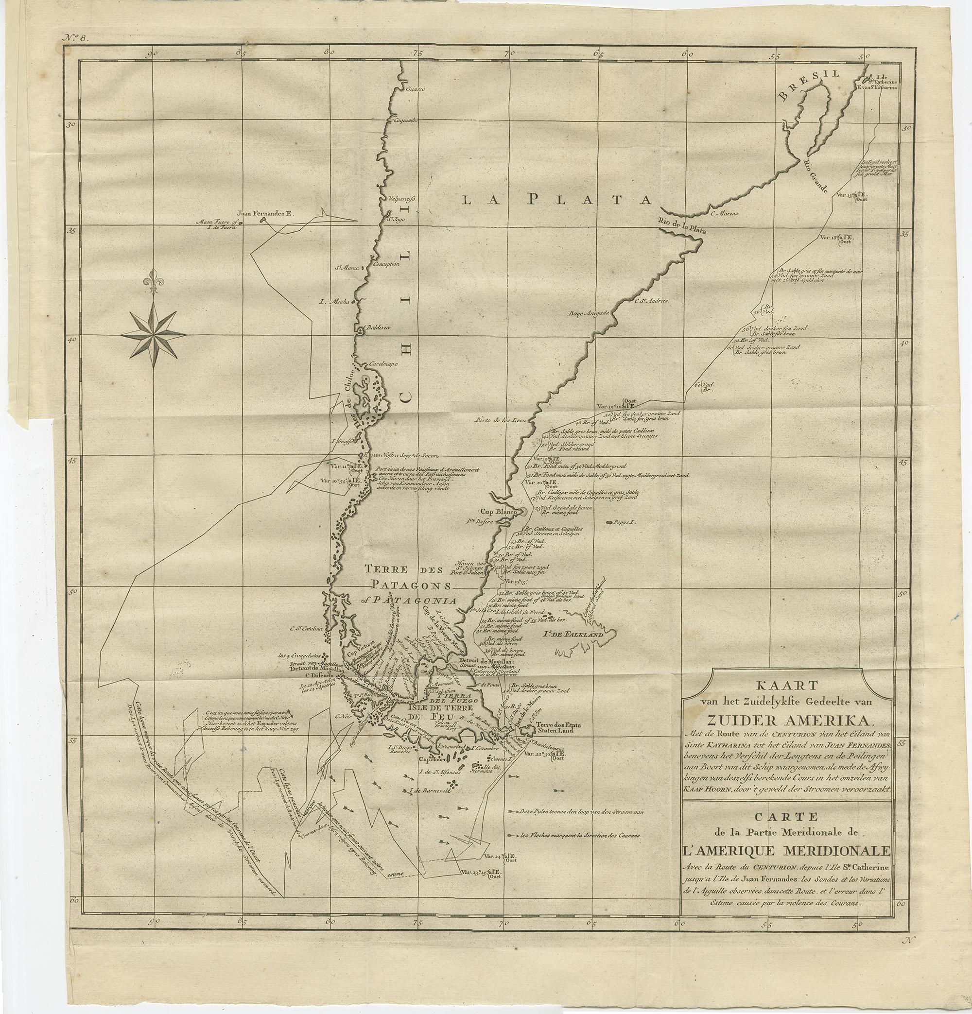 Description: Antique map titled 'Kaart van het Zuidelykste Gedeelte van Zuider Amerika (..) - Carte de la Partie Meridionale de l'Amerique Meridionale (..)'. 

Detailed chart tracking the route of Capt. George Anson's ship The Centurion in 1745. The
