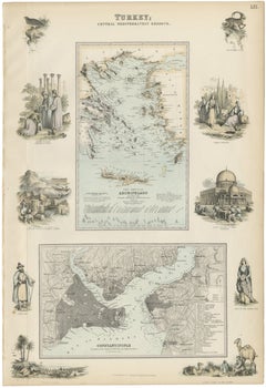 Antique Map of Turkey and Constantinople with Views & Figures, Fullarton c.1865