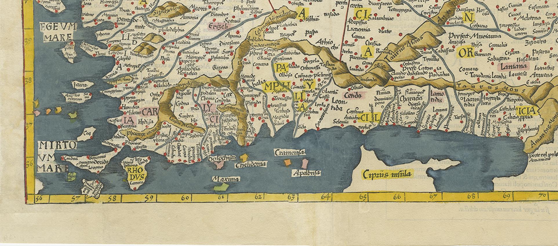 Paper Antique Map of Turkey by C. Ptolomey, circa 1541