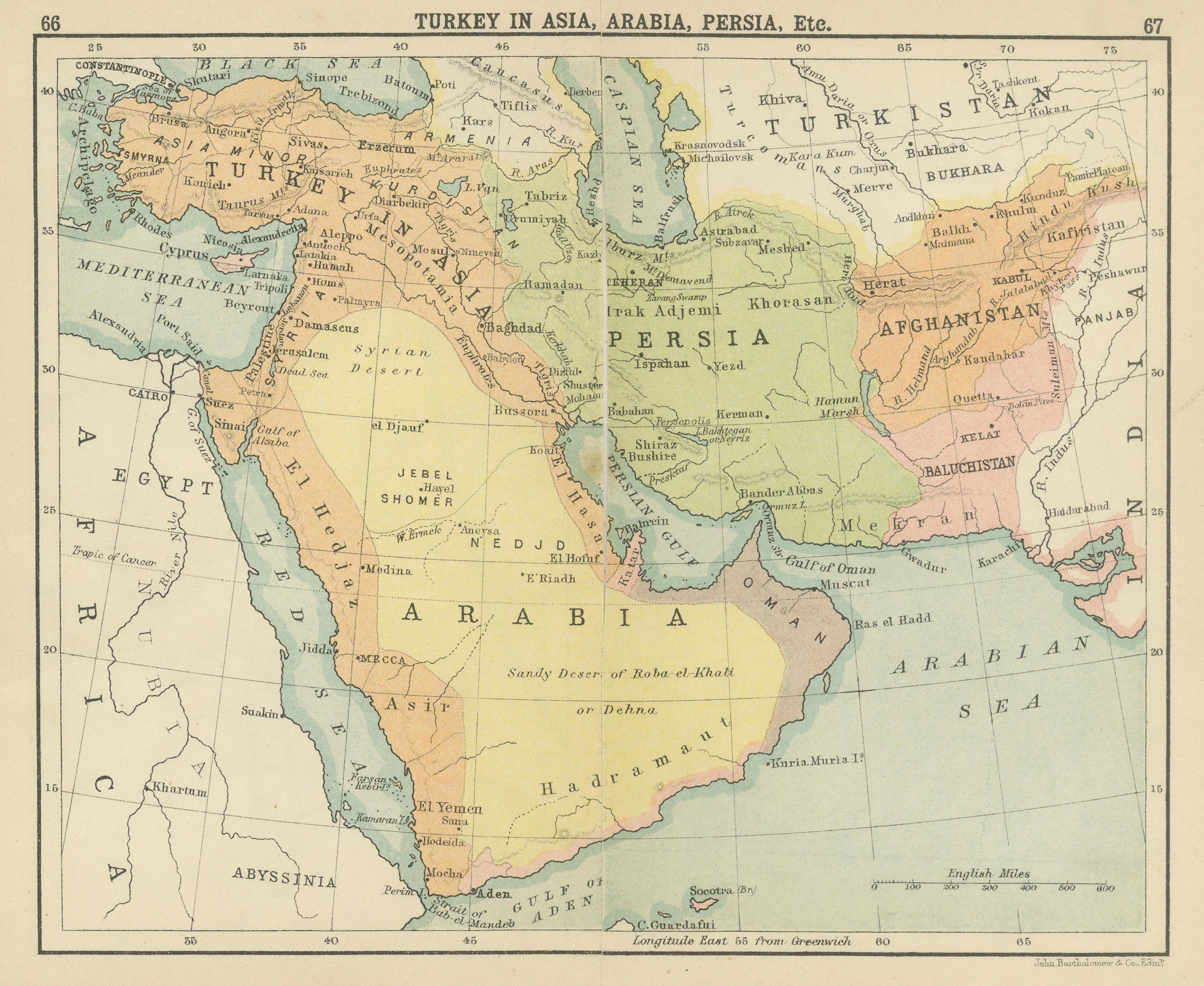 Antique Map of Turkey in Asia, Arabia, Persia, ca.1890