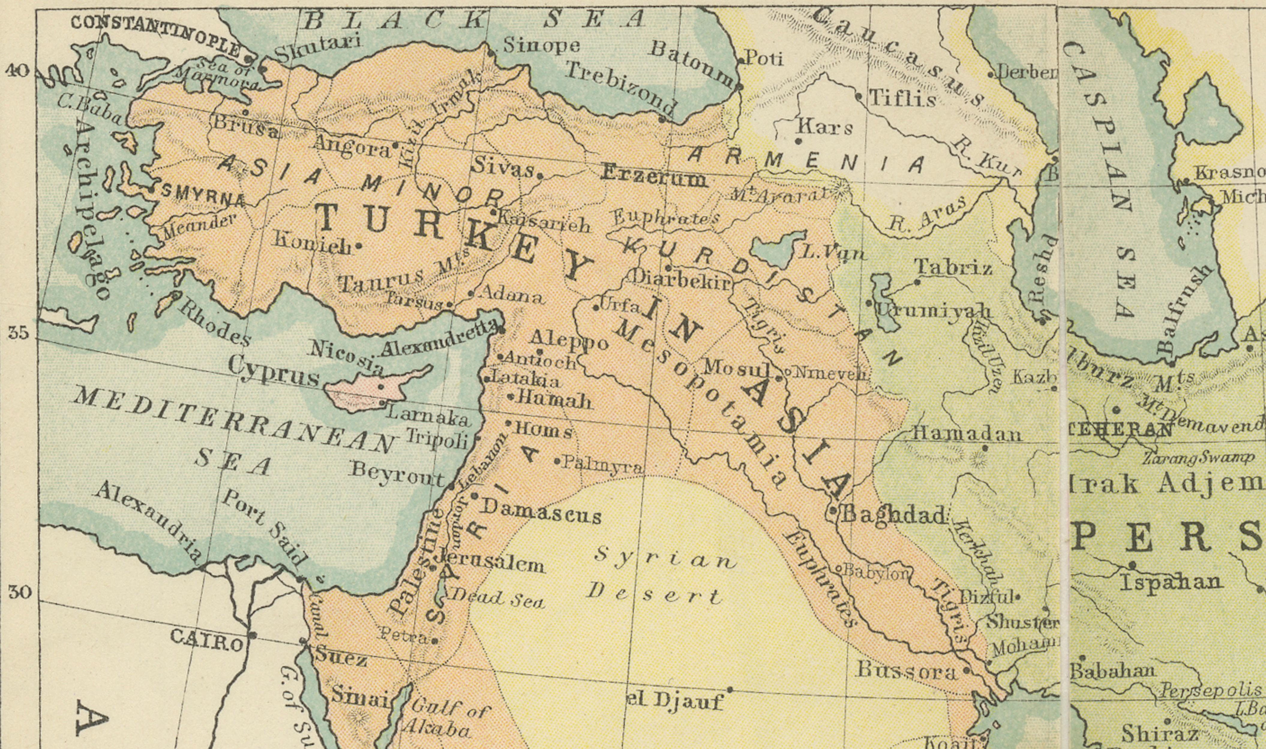 Antique Map of Turkey in Asia, Arabia, Persia, ca.1890