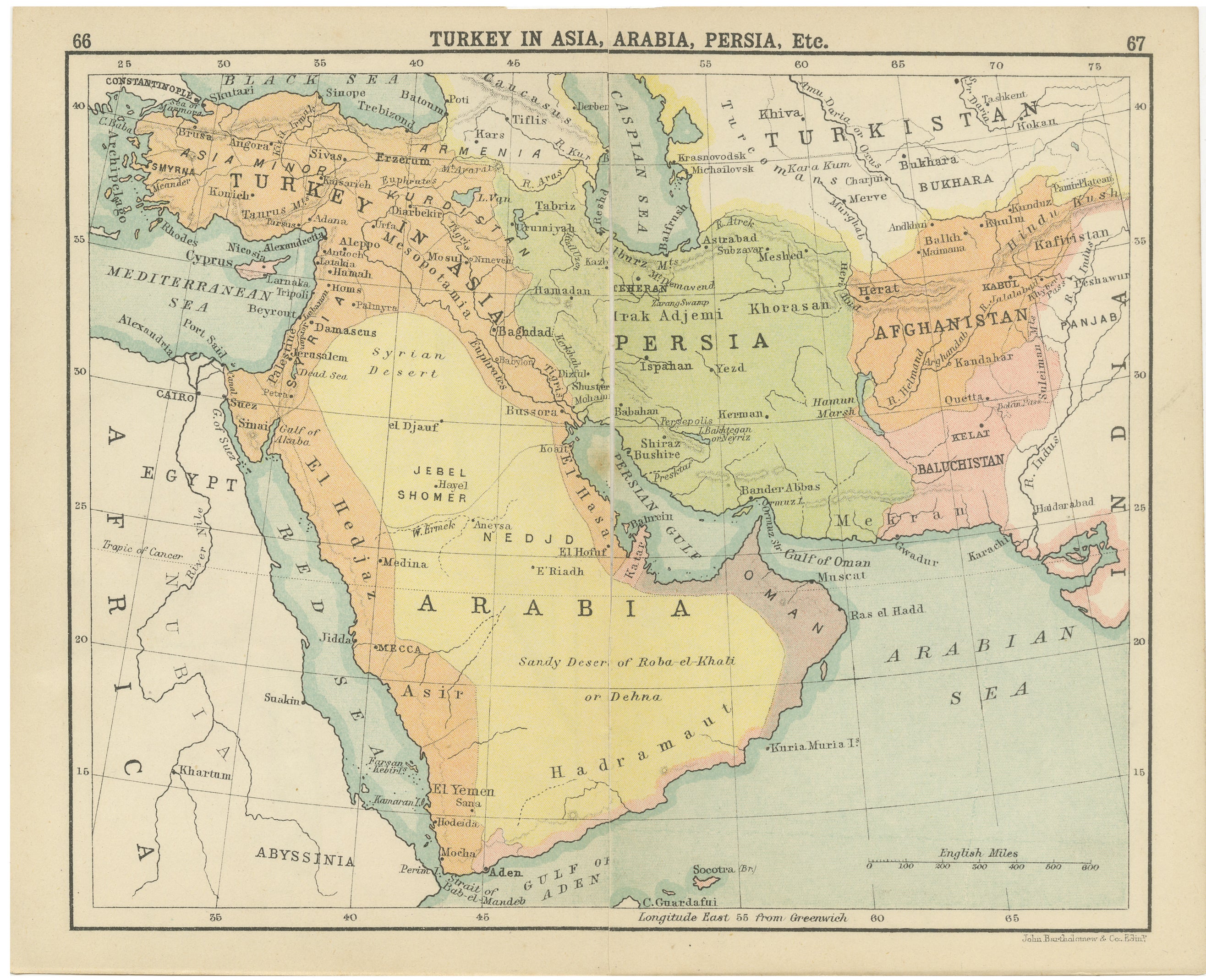 Carte ancienne de la Turquie en Asie, Arabie, Perse, vers 1890