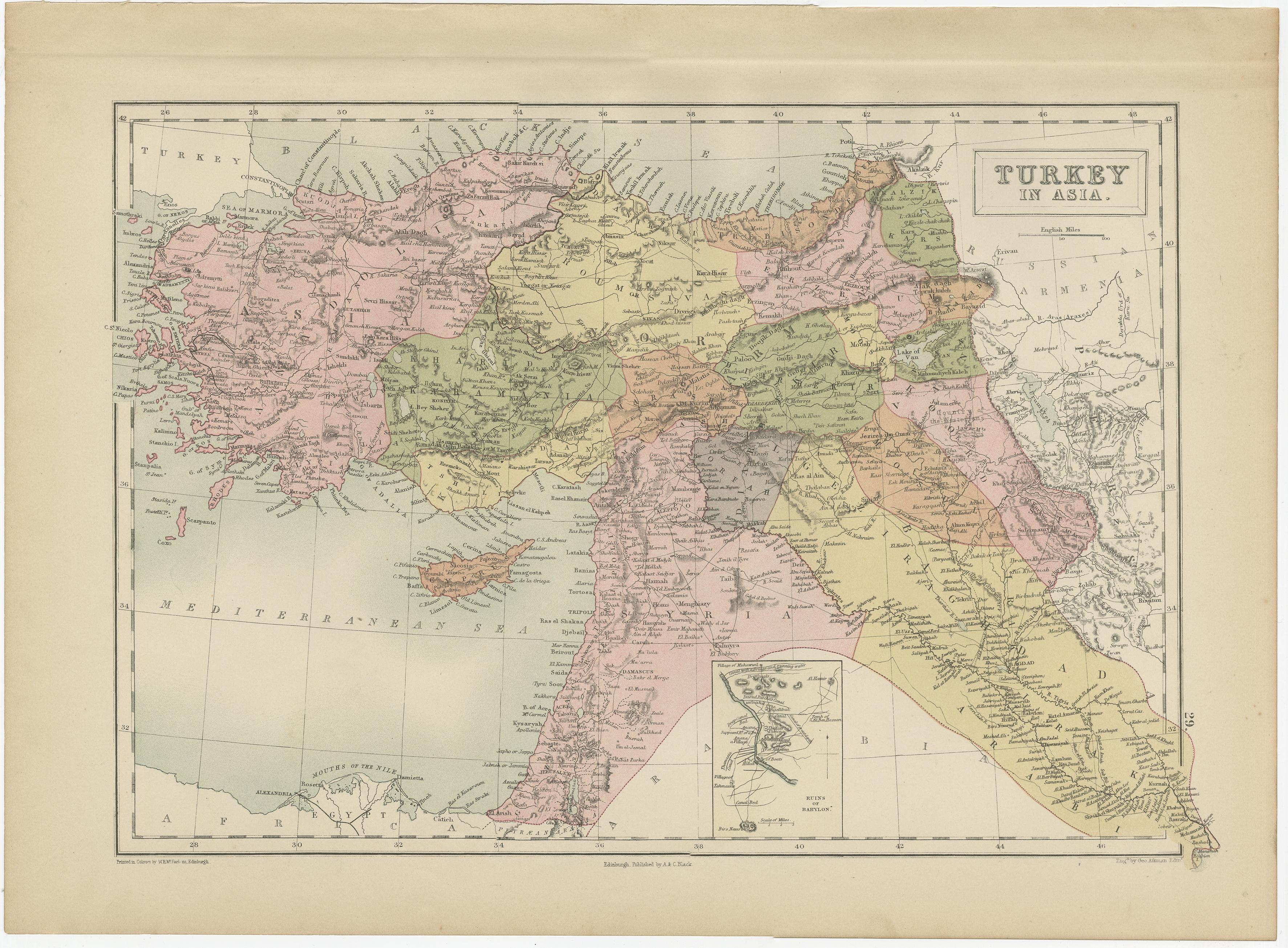 Antique map titled 'Turkey in Asia'. Original antique map of Turkey in Asia with inset Ruins of Babylon. This map originates from ‘Black's General Atlas of The World’. Published by A & C. Black, 1870.