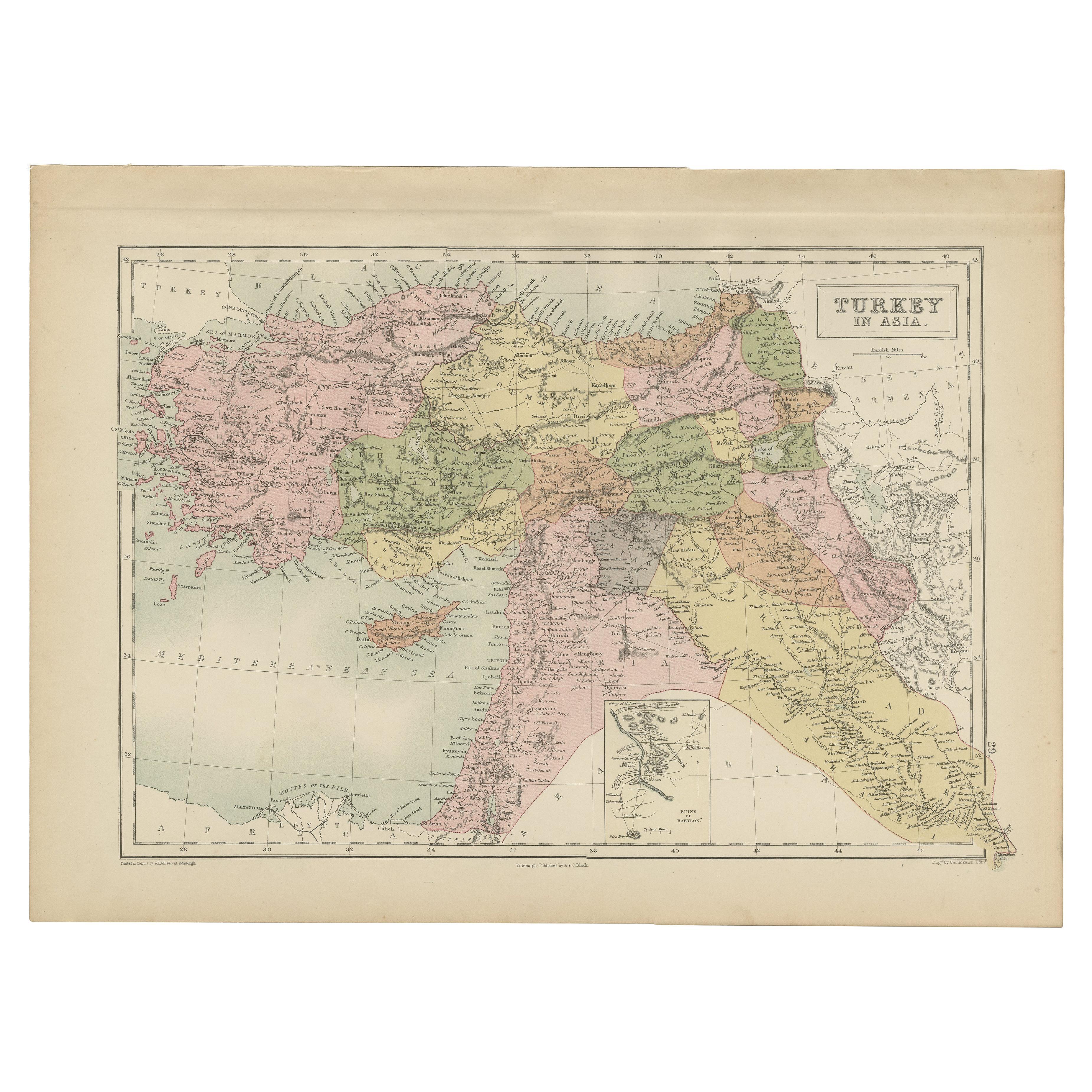 Antique Map of Turkey in Asia by A & C. Black, 1870