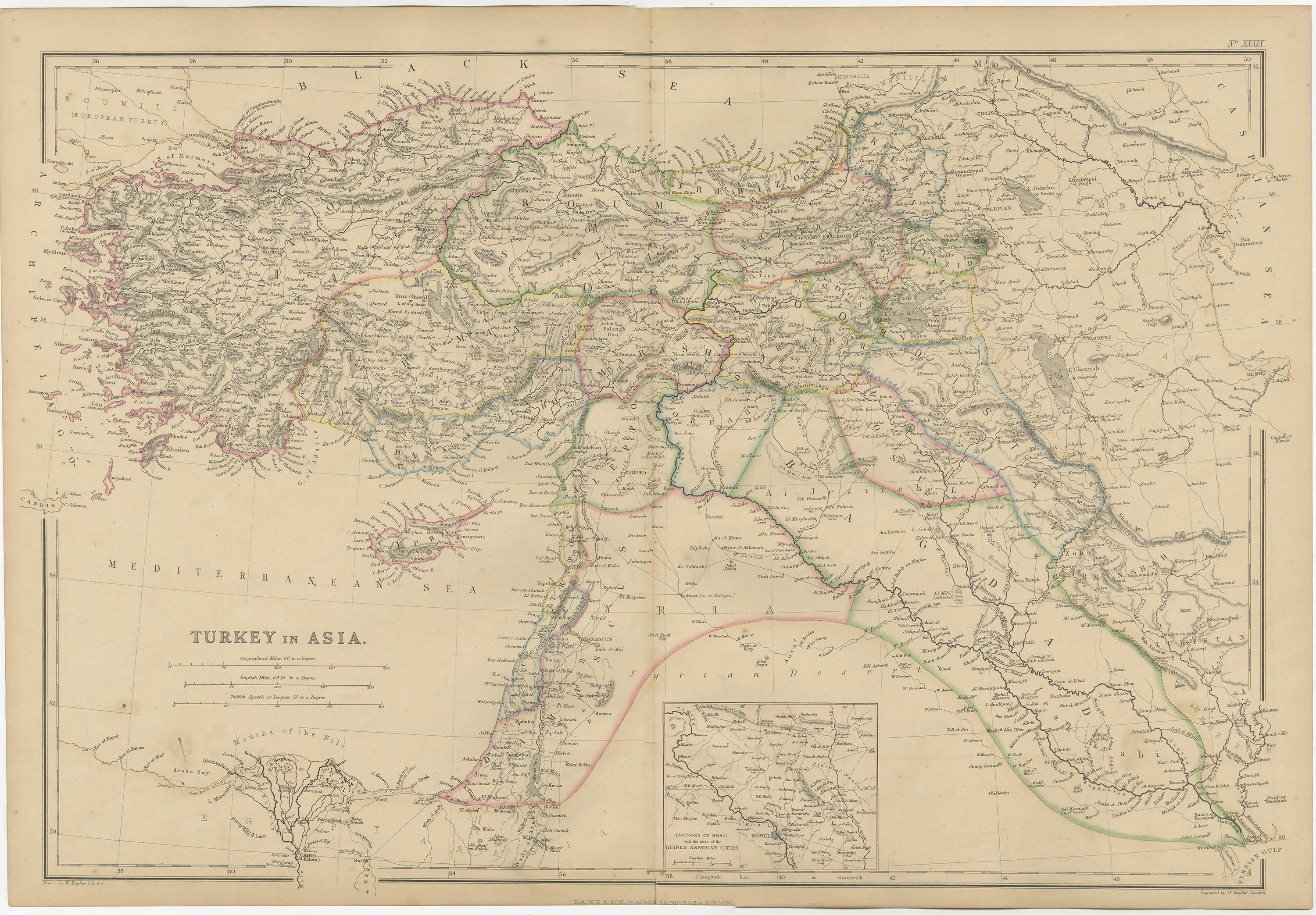 19th Century Old Map of Turkey in Asia with Mosul Environs and Assyrian Ruins Inset , 1859 For Sale